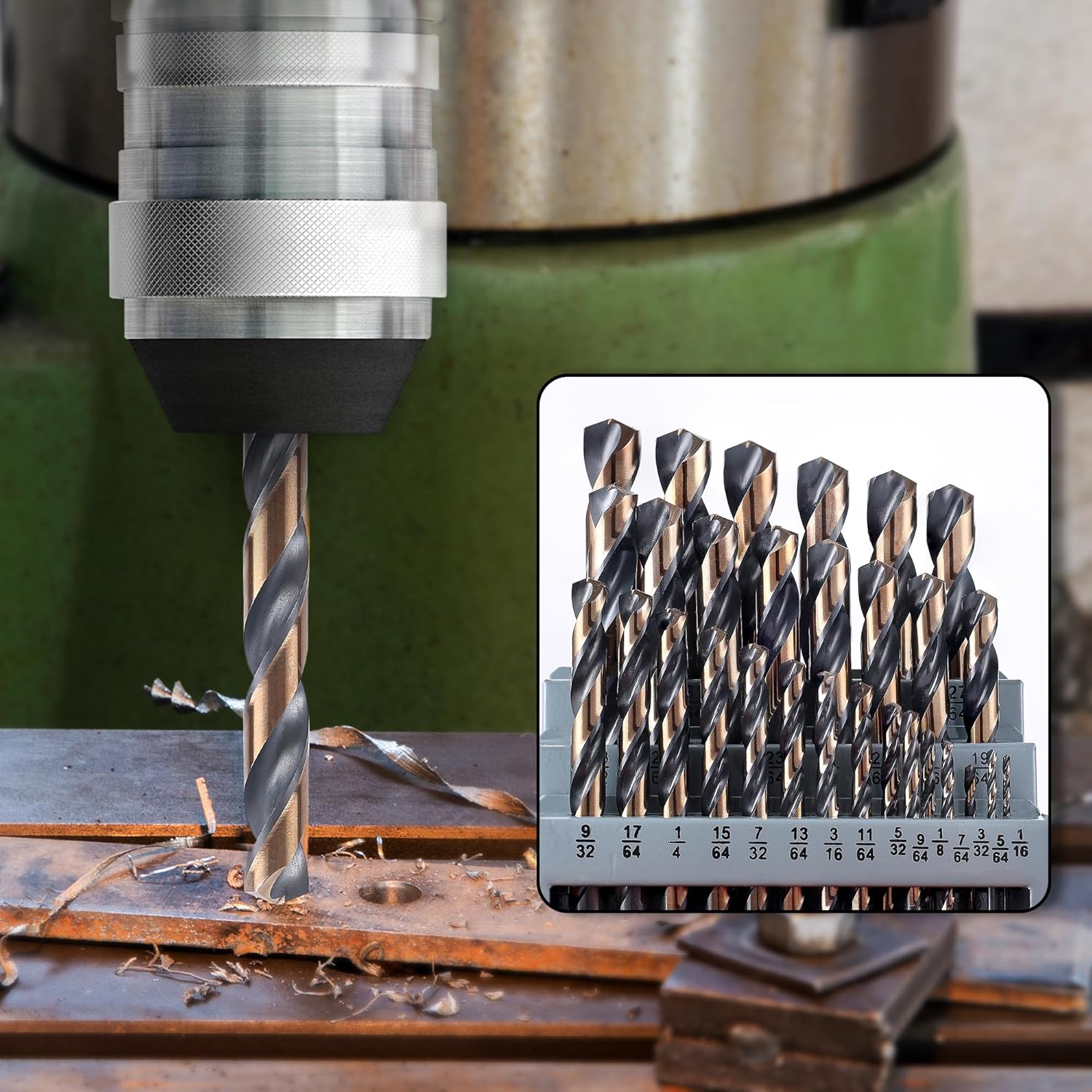 29Pcs Cobalt Drill Bit Set, 135 Degree Tip High Speed Steel with Black and Gold Finish, Stainless Steel, Plastic, and Wood with Metal Indexed Storage Case 1/16"-1/2"
