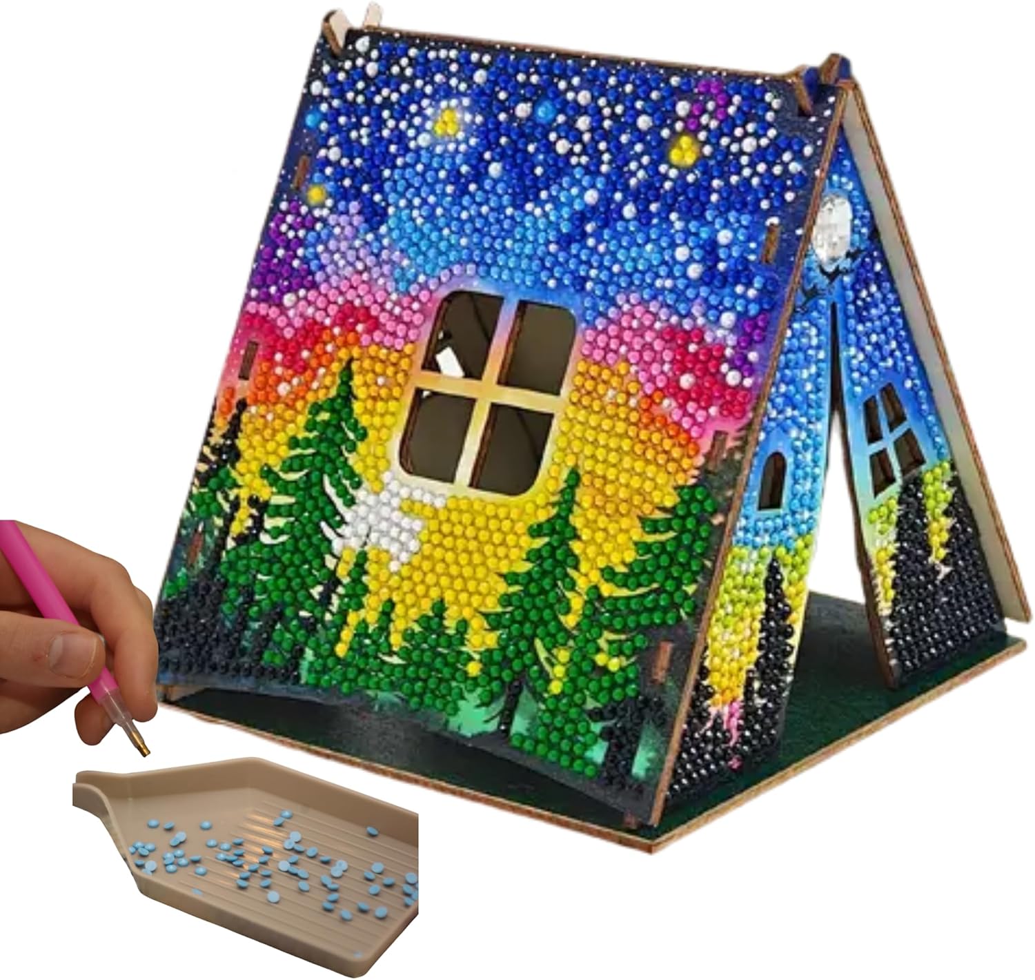 Party Ready 3D Diamond Painting Tent Craft Kit with LED Lights – Full Drill Crystal Mosaic Wood Puzzle, DIY Holiday Decorative Art for Home Display (Starry Night)