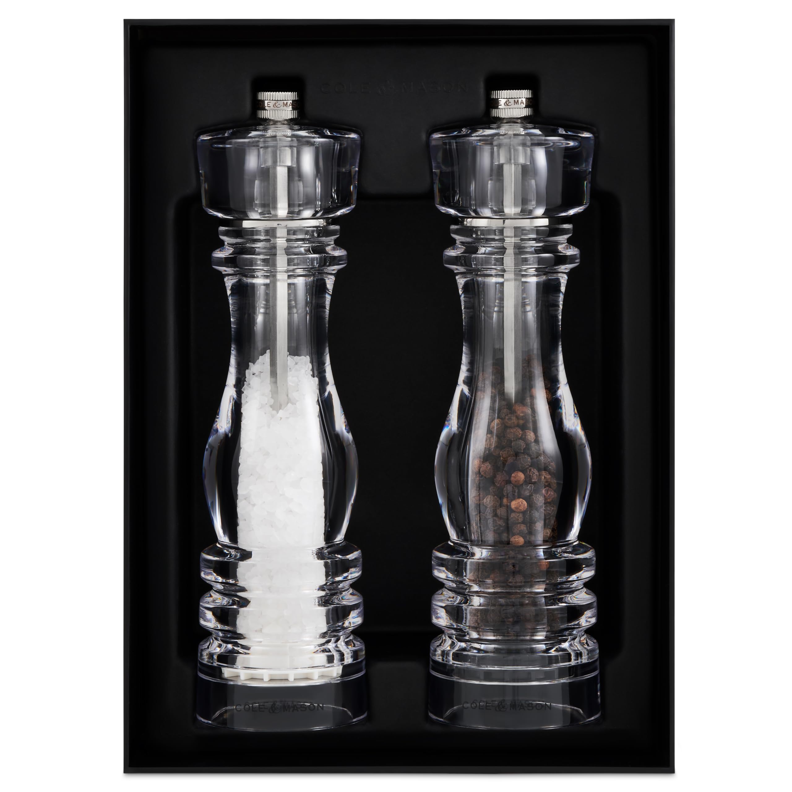 Cole & Mason London Salz und Pfeffermühle Acryl 22 cm, Keramikmahlwerk | Pfeffer und Salzmühle Klein, Precision+ Einstellbarem Malwerk, Gewürzmühle gefüllt, Transparent Acryl/Edelstahl, Geschenkset