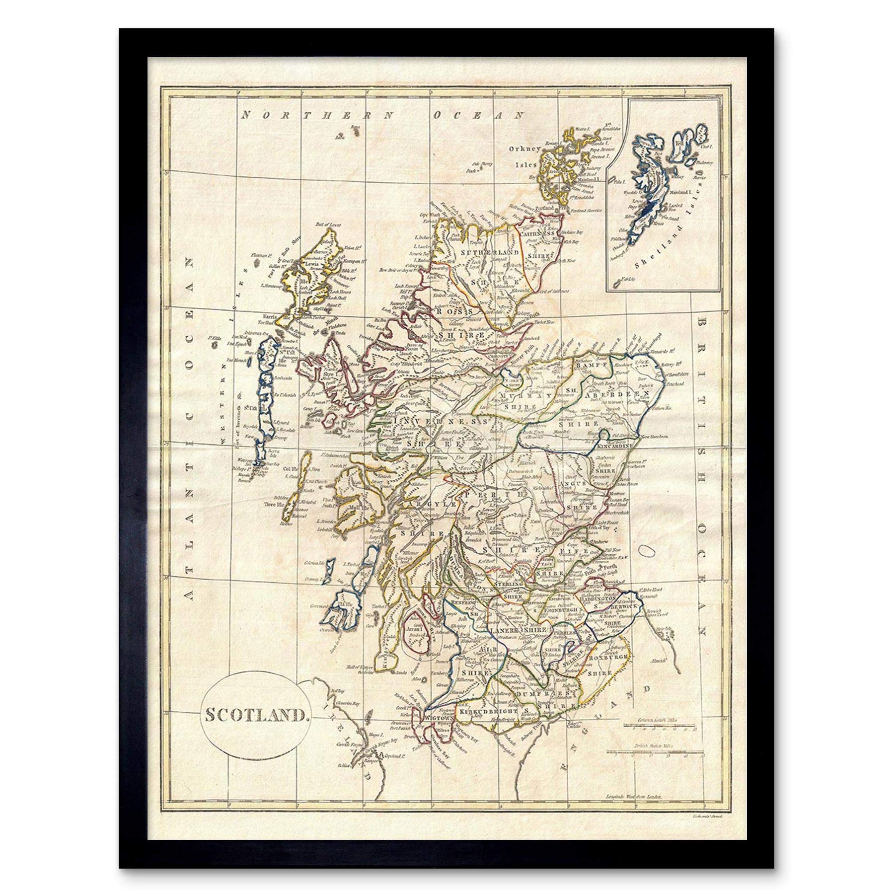Wee Blue Coo 1799 Clement Cruttwell Map Scotland Vintage Art Print Framed Poster Wall Decor 12X16 Inch