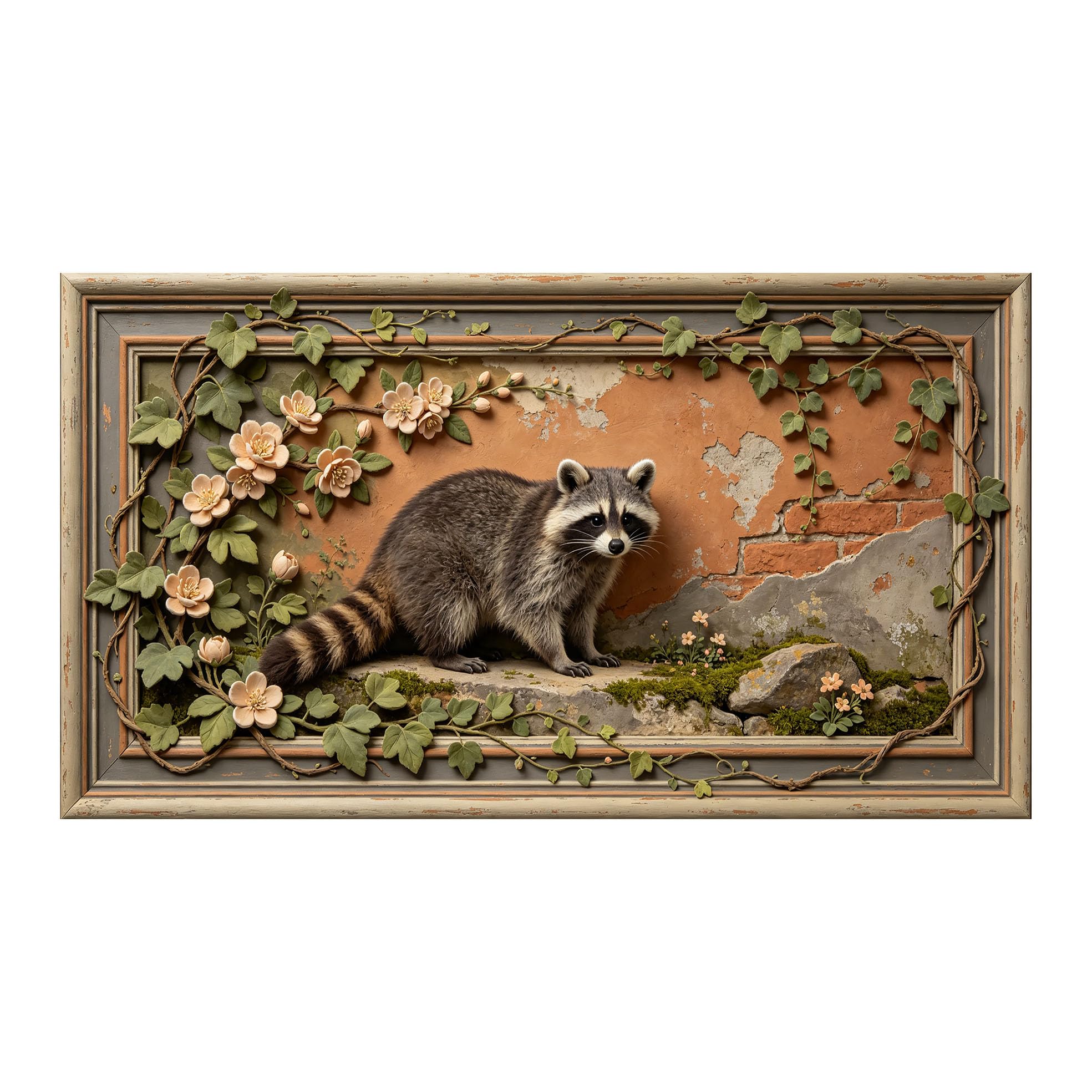 Yzpallescene 3D 3D Framed Wall Art 50cm×90cm Rustic Raccoon Botanical Relief Effect Large Size SelfAdhesive Removable Wall Decor Prints Artwork for Living Room Bedroom Office