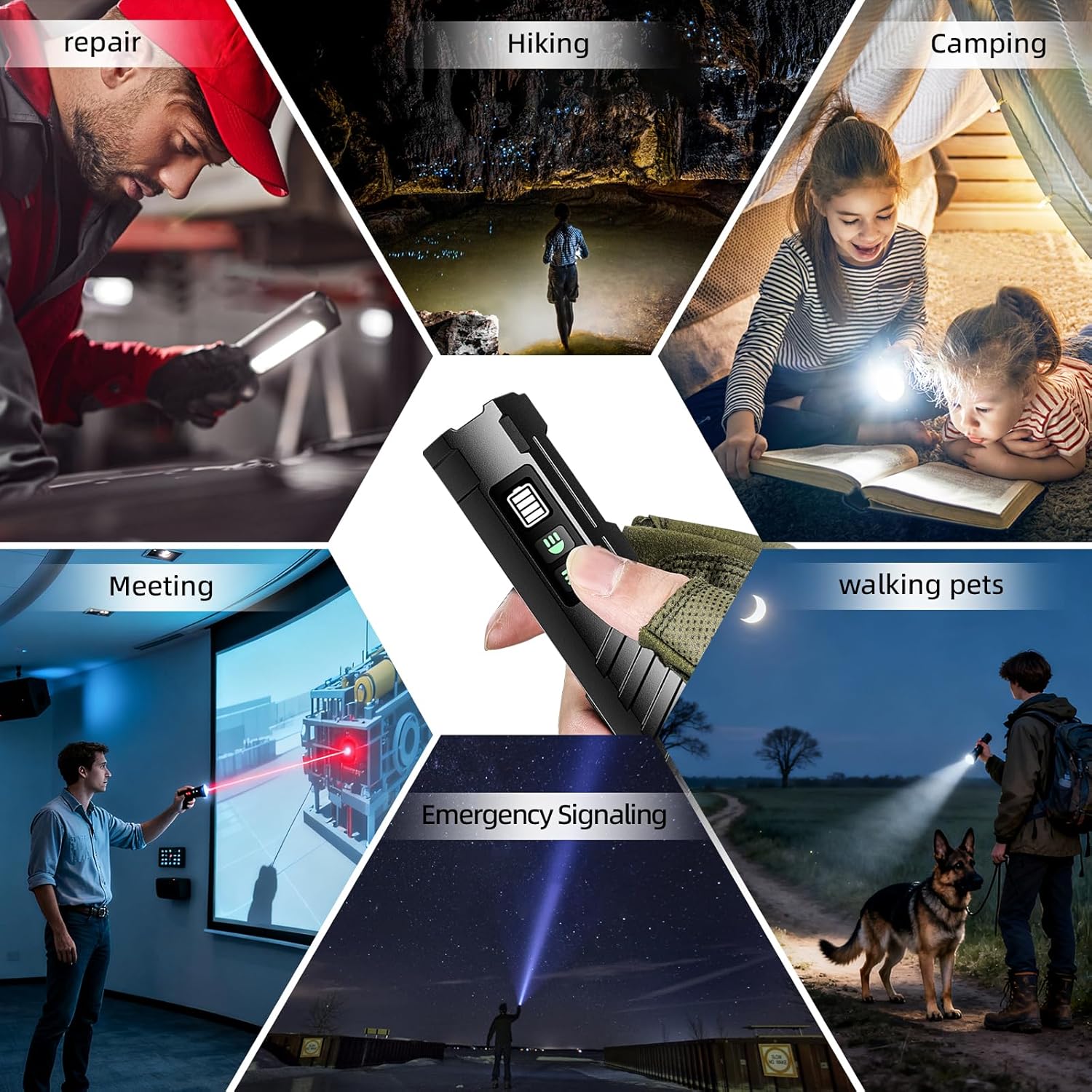 Rechargeable EDC Flashlight with 1600 Lumens, 7 LED Modes, Magnetic Base and Bottle Opener, Waterproof Small Flashlight with Red Beam for Home Outdoor Camping and Emergency（Black
