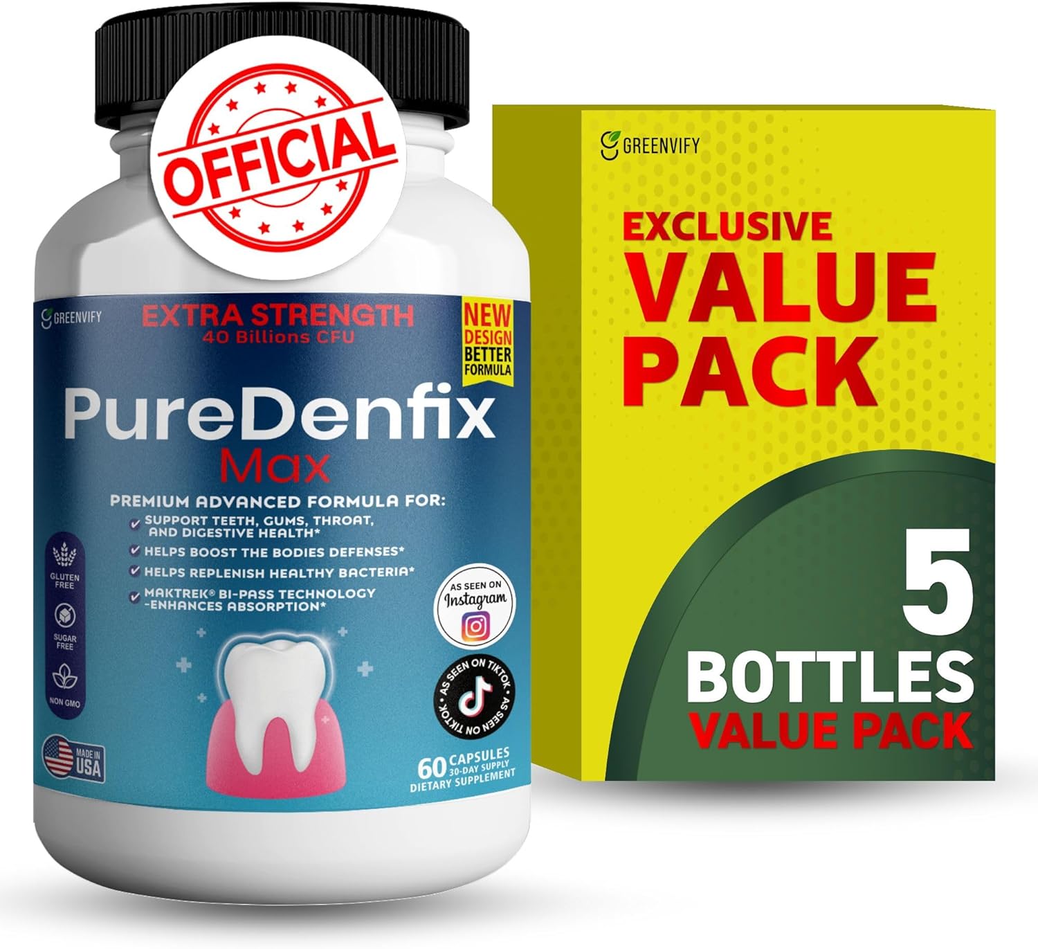 – Extra Strength Probiotic Supplement with 40 Billion CFU – Supports Teeth, Gums, Ear, Nose, Throat & Digestive Health – 60 Capsules (5)