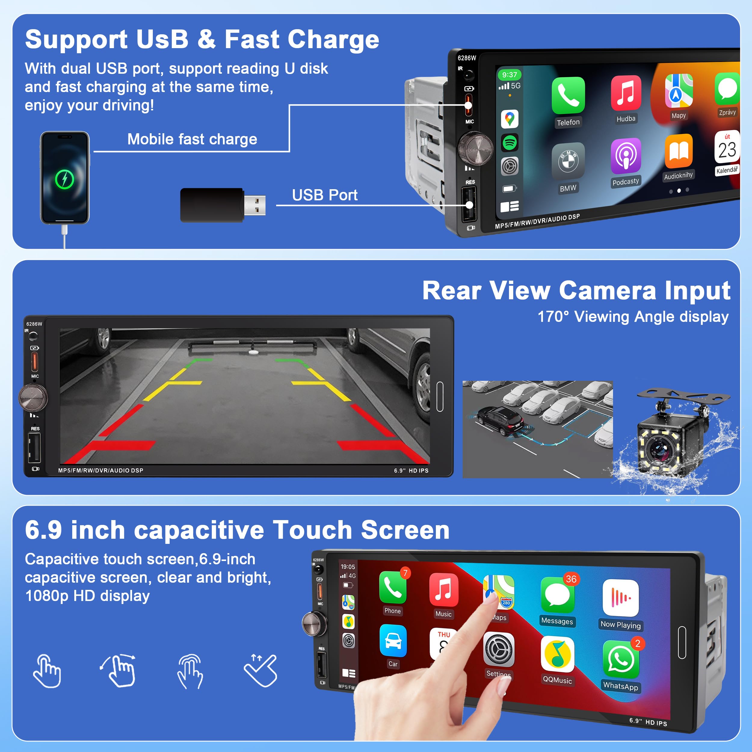 Autoradio 1 DIN BT, écran Tactile 6,9 ​​Pouces, Compatible CarPlay et Android Auto,FM, kit Mains Libres, Microphone, Charge Rapide, caméra embarquée, USB/Type-C