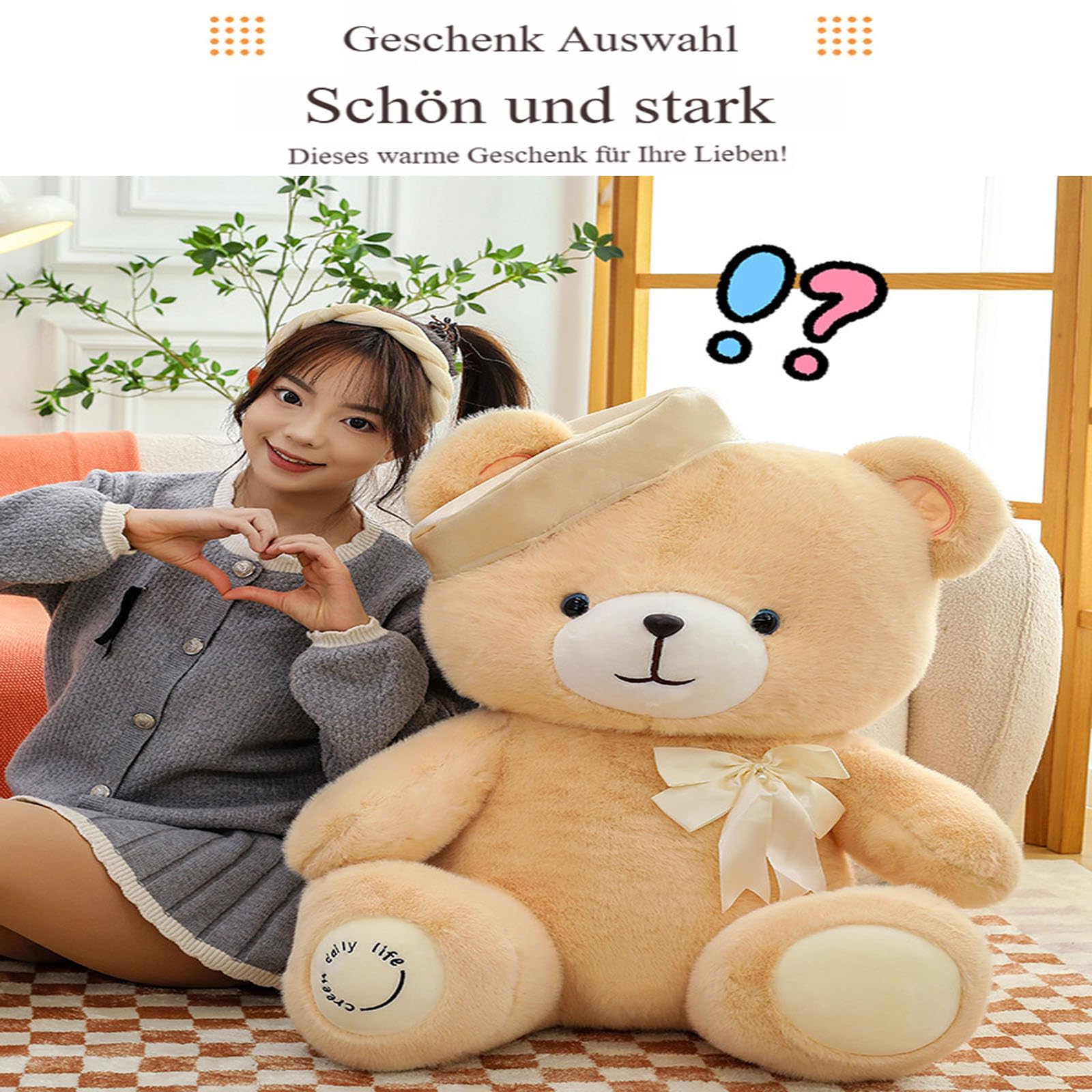 Teddybär Plüsch, Riesen Teddybär XXL mit Schleife und Baskenmütze, Weiches Nette Bär Puppe Tier Kuscheltier, Süße Stofftier Spielzeug, Geschenk für Kinder Jungen Mädchen Geburtstag (60cm,Champagner)
