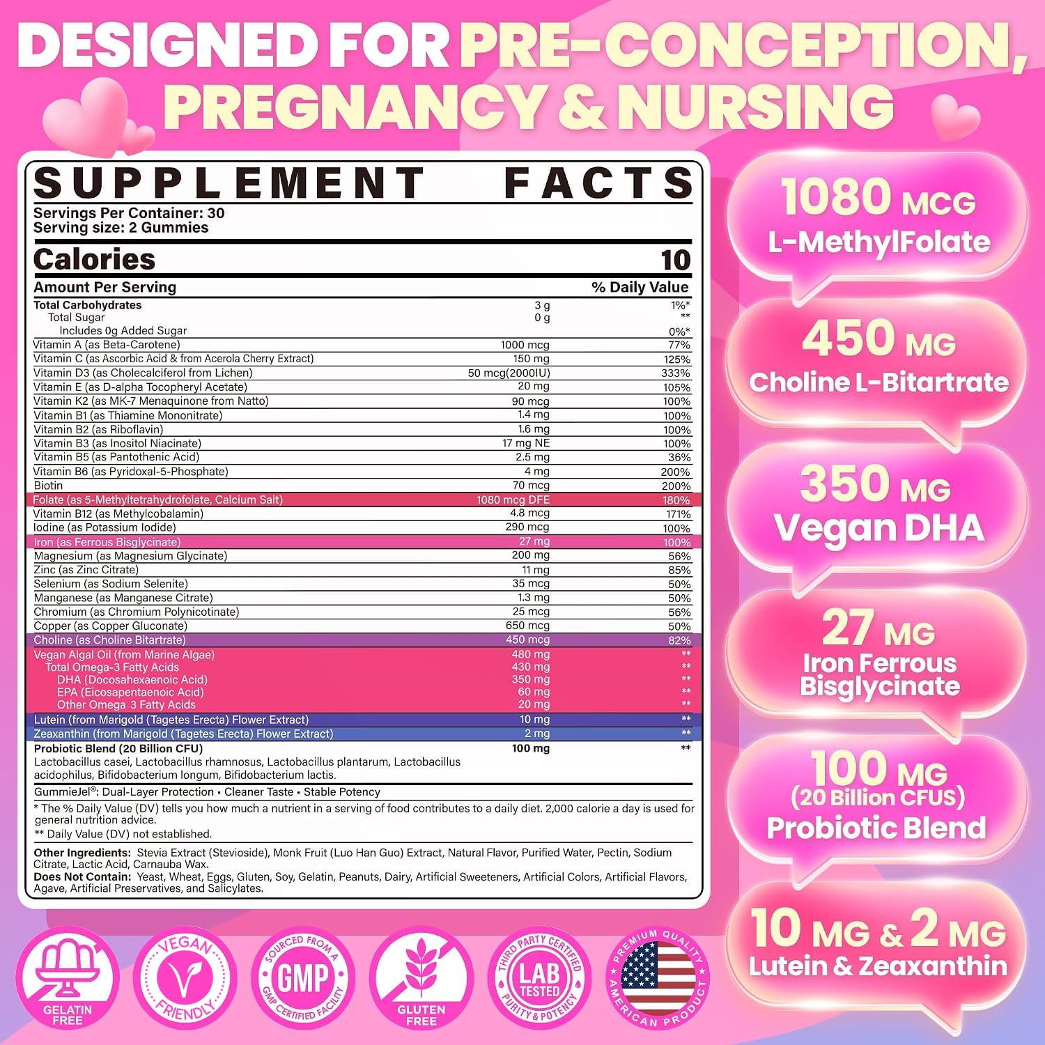Prenatal Gummies for Women w/ 1080mcg Methylfolate Iron Vegan DHA Choline — Amazon image 2