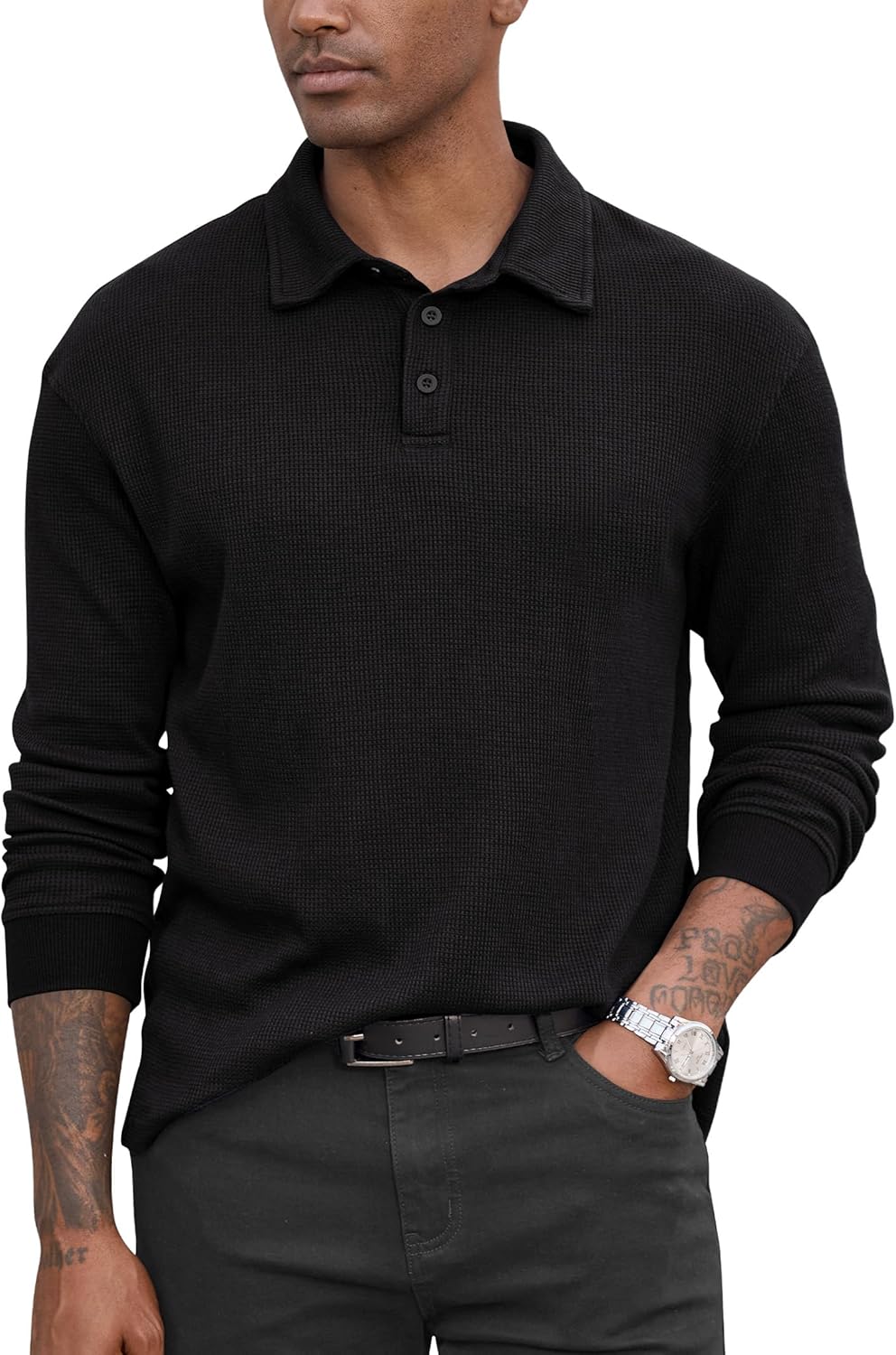 Men's Waffle Polo Stretch Textured Casual Loose fit Soft Collared Pullover (S-2XL)