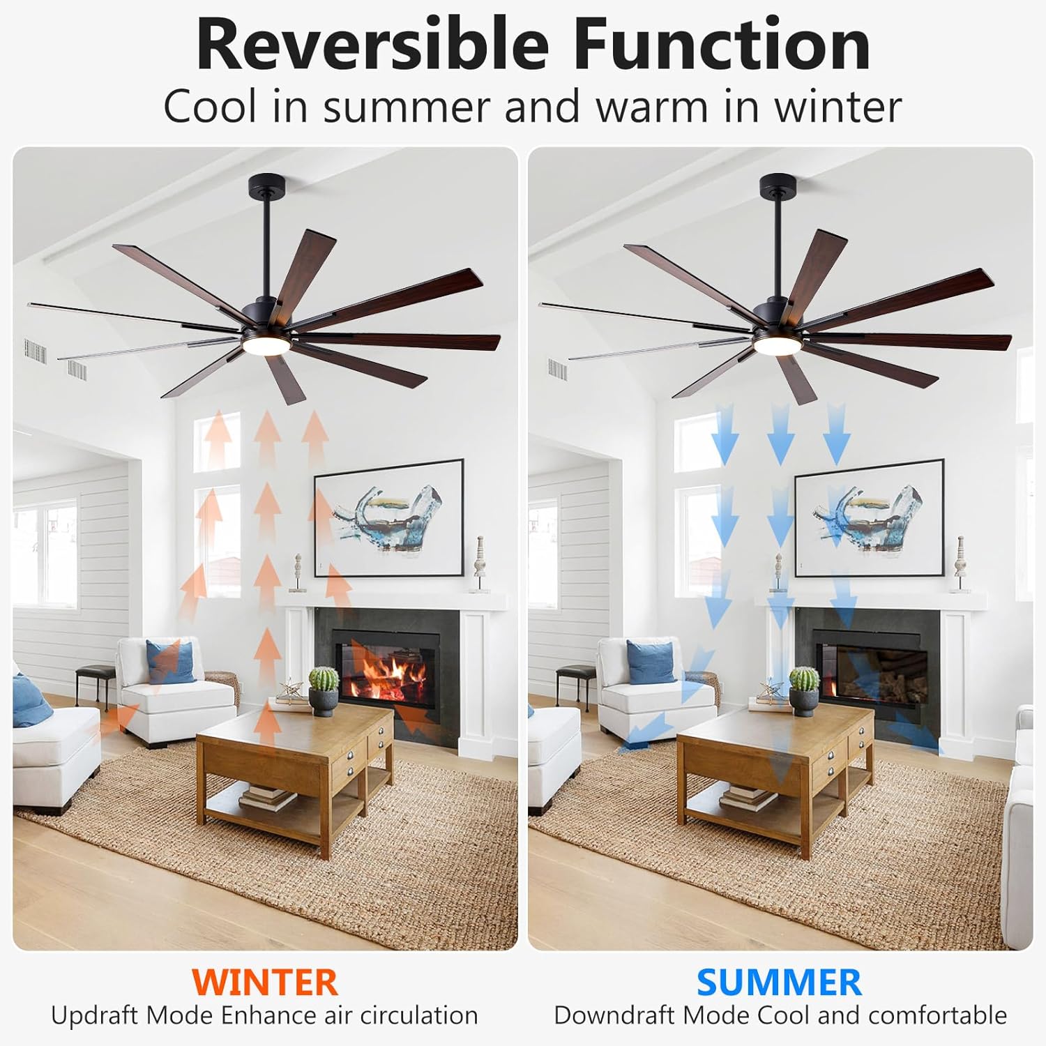 72 Inch Ceiling Fan with Lights, Large Outdoor Ceiling Fans, Modern Industrial Ceiling Fan 9 Blades for Great Room, Large Living Room Patio Farmhouse Damp Rated, Quiet Reversible DC Motor Dark Walnut