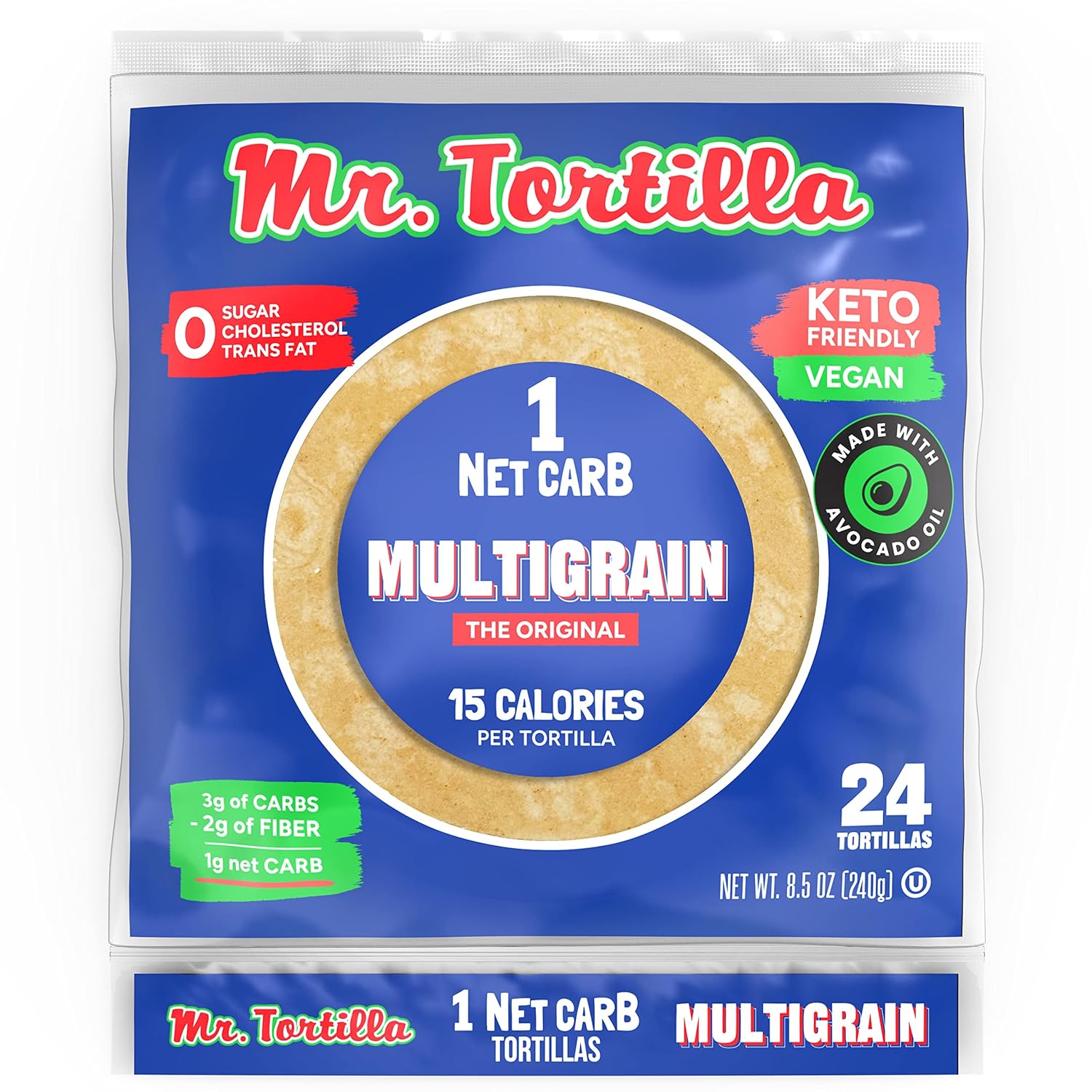 Mr. Tortilla Low Carb Keto Soft Taco Shells, Vegan Healthy Snacks & Bread Alternative, 1 Net Carb 15 Calories Delicious Small Batch Kosher Wraps – (Multigrain, 24 Count)
