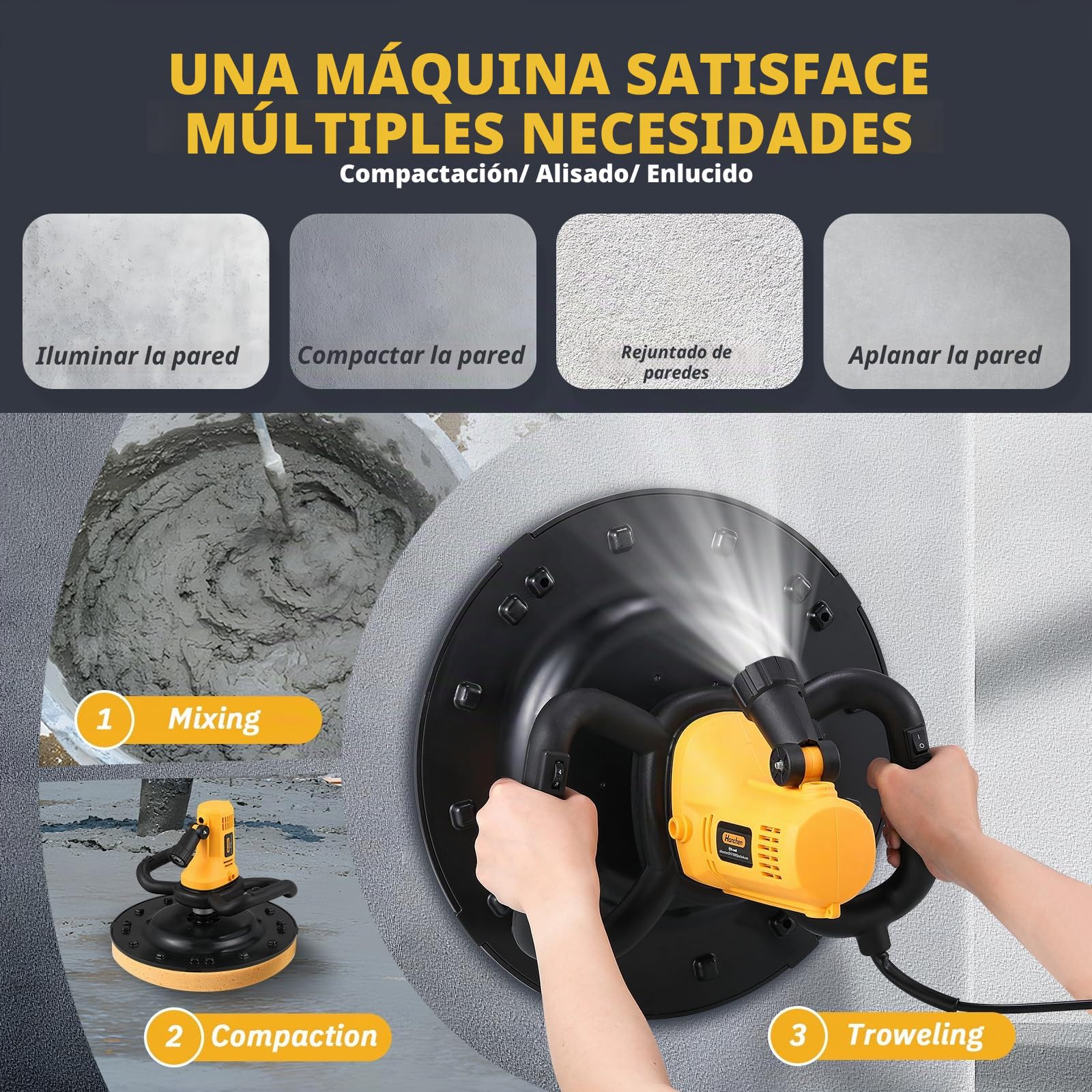 Hanchen Máquina Alisadora de Paredes con Paleta de Hormigón Multifuncional 1680W Mezclador de Hormigón Industrial Pulidora de Mortero de Cemento Eléctrica con Barra de Agitación Esponja Papel de Lija
