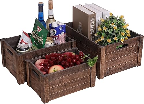 Miniatura 4 de SENRYEE Caja de madera negra antigua para almacenamiento, cajas decorativas rústicas, juego de 3 cajas de almacenamiento de madera extra grandes