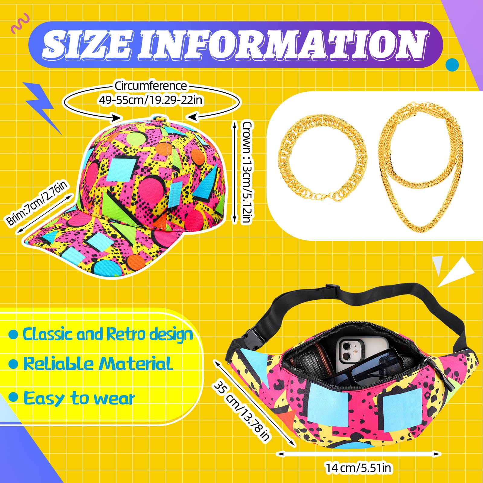 Paterr 7 Pcs 80s 90s Hip Hop Costume Kit 80s 90s Fanny Pack 90s Outfit Hat Glass Faux Gold Rope Chain Inflatable Radio Boombox Inflatable Mobile Phone for Women Men Rapper DJ Costume Halloween Cosplay - Image 4