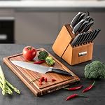 Ensemble de cuisine en bois Couteau pour cuisine avec blocs en acier inoxydable 17 Pcs et planche à découper avec Groove, poignées noires et couteau professionnel en acier inoxydable Sharp