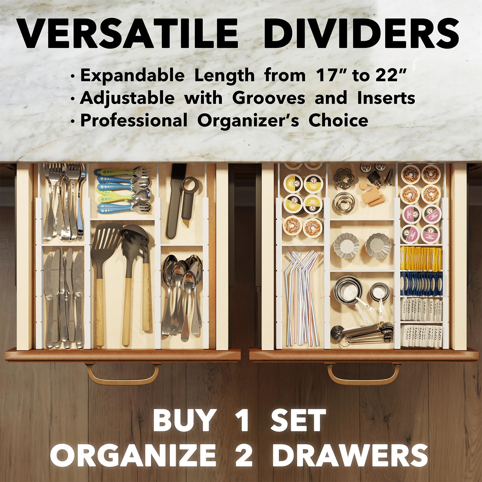 SpaceAid Divisori per cassetti in bambù, con inserti ed etichette, organizer regolabili per la casa, per i cassetti di cucina o ufficio, 10 divisori con 24 inserti (43-56 cm, bianco)