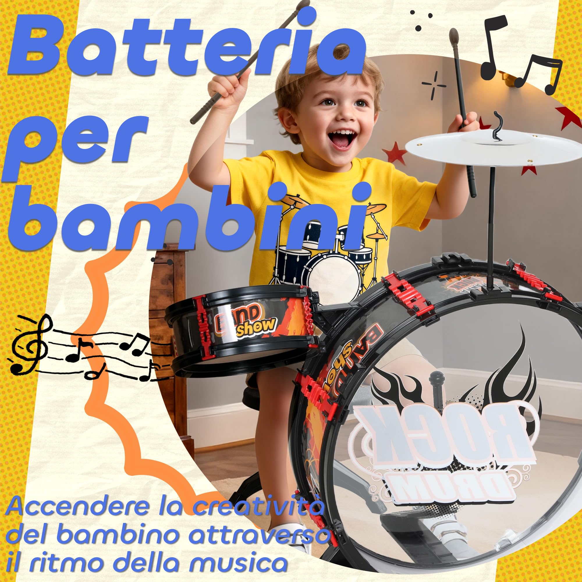 AIYAPLAY Set Batteria Giocattolo per Bambini con Sgabello da 3-6 Anni Nero | Gioco Musicale per Bambini, Tamburi, Grancassa, Piatti e Bacchette