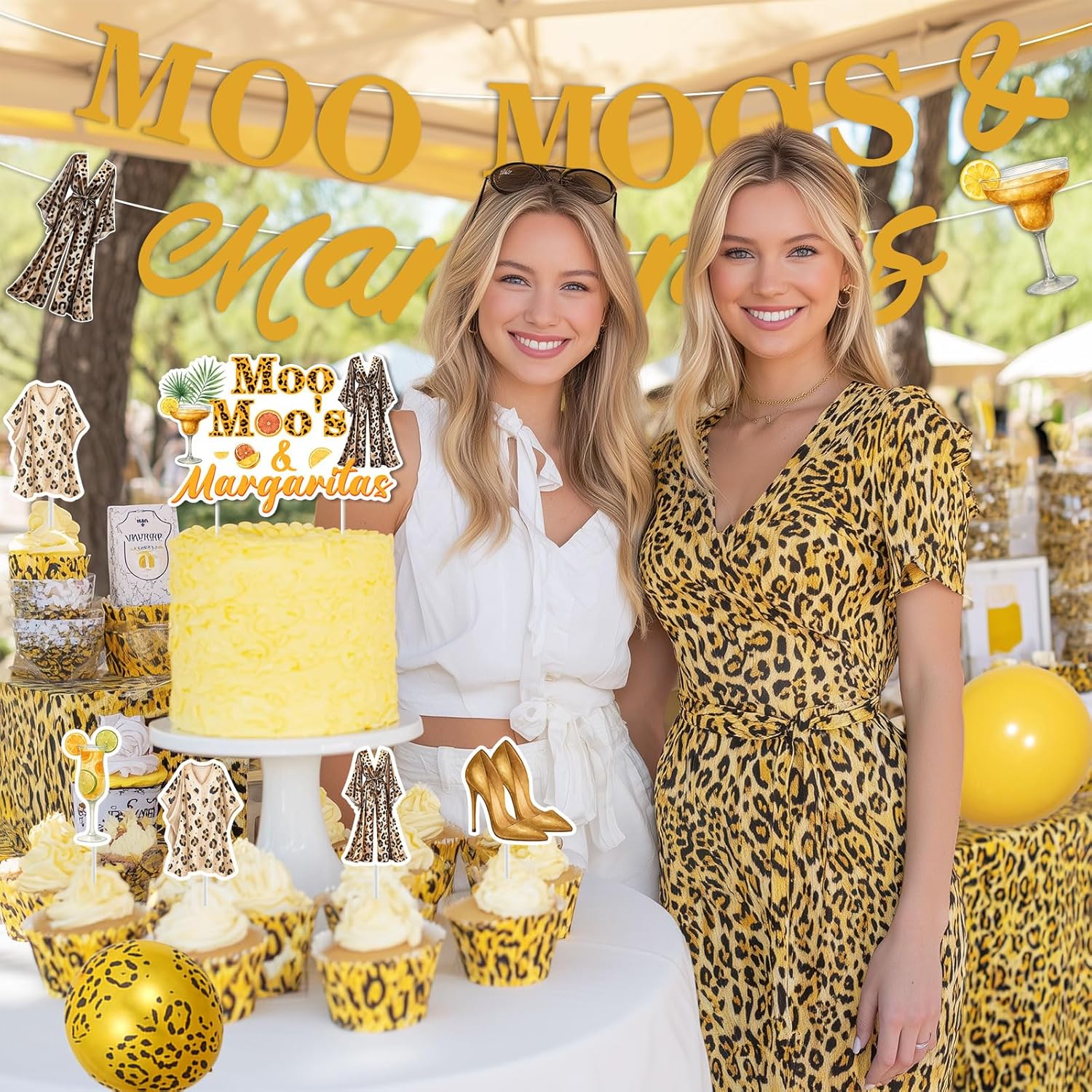Moo Moos and Margaritas Party Decorations Cocktail Theme Backdrop Banner Leopard Print Pajama Margarita Cake and Cupcake Toppers Balloons Kit for Bachelorette Party Ladies Night Bridal Shower Birthday