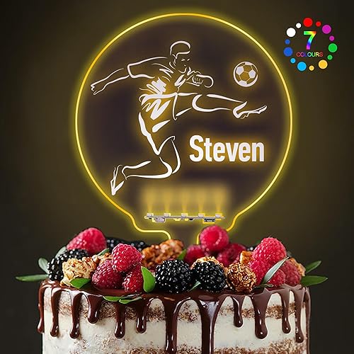 Decoración de pastel de cumpleaños personalizada, decoración de pastel de fútbol de 7 colores iluminados, decoración acrílica para pastel de