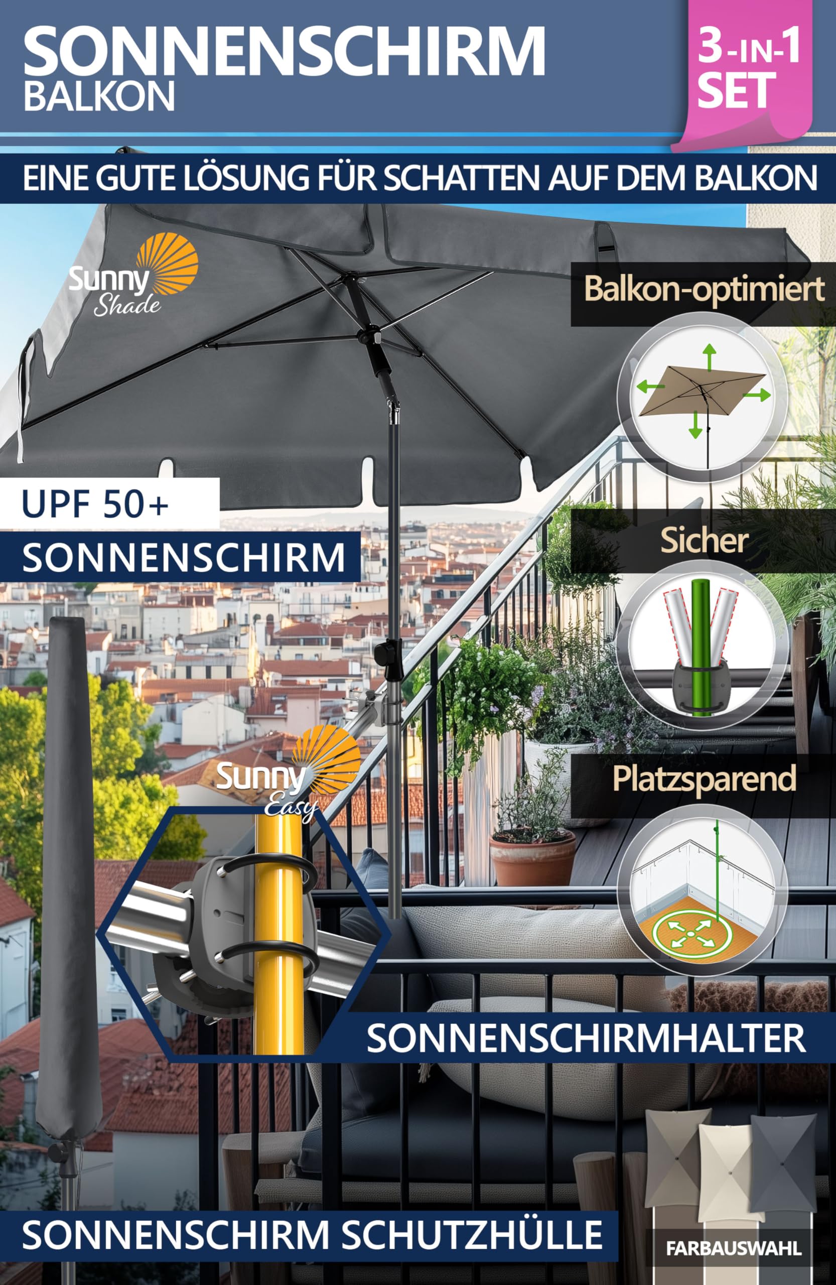 4smile Sonnenschirm Balkon 3-in-1 SET, Anthrazit