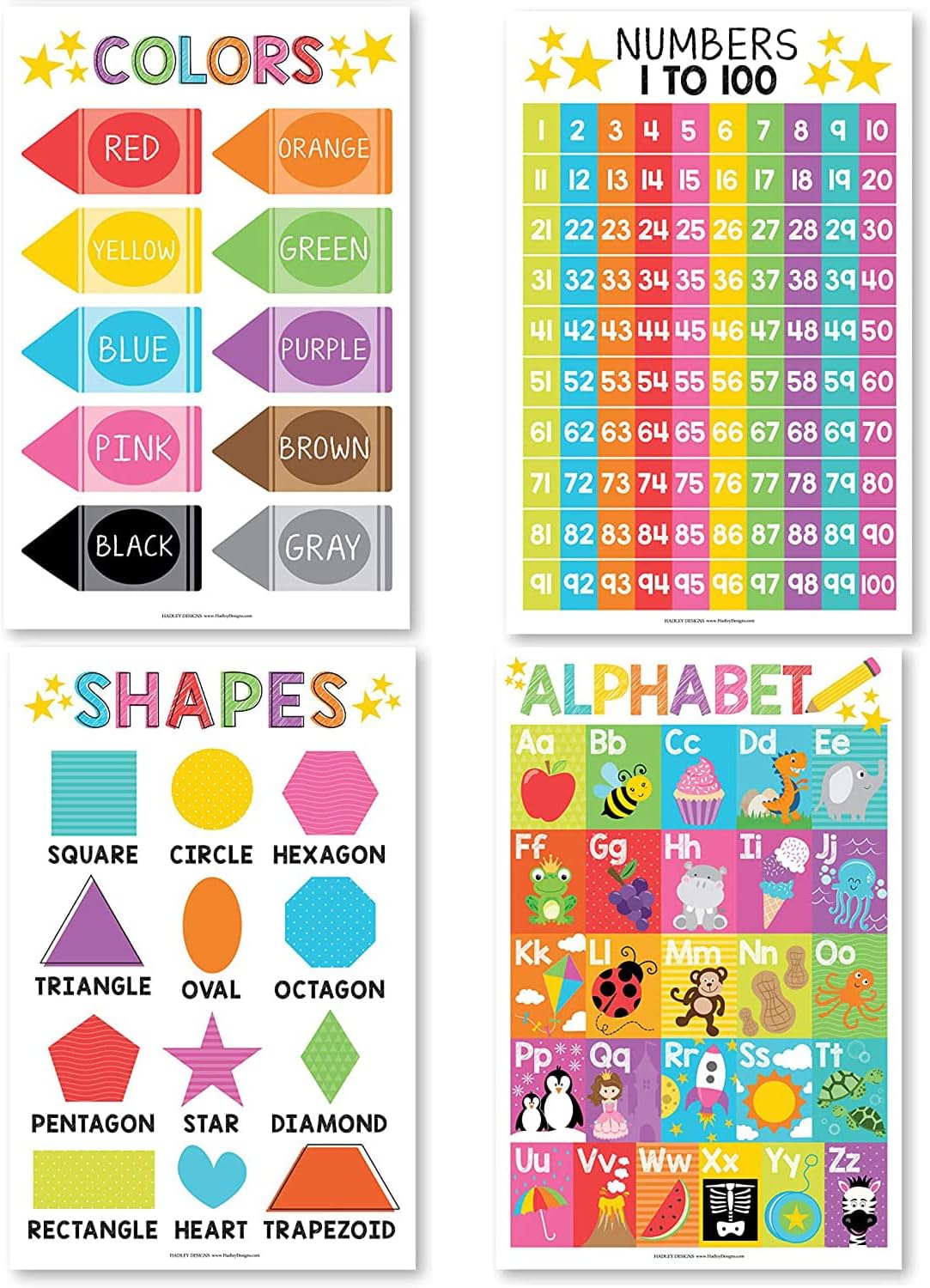 Educational Preschool Poster for Toddler and Kid 4 Pcs, Alphabet Numbers Colors Shapes, Classroom Learning Alphabet Poster, Nursery Homeschool Kindergarten, Laminated Educational Supplies 11x17inch