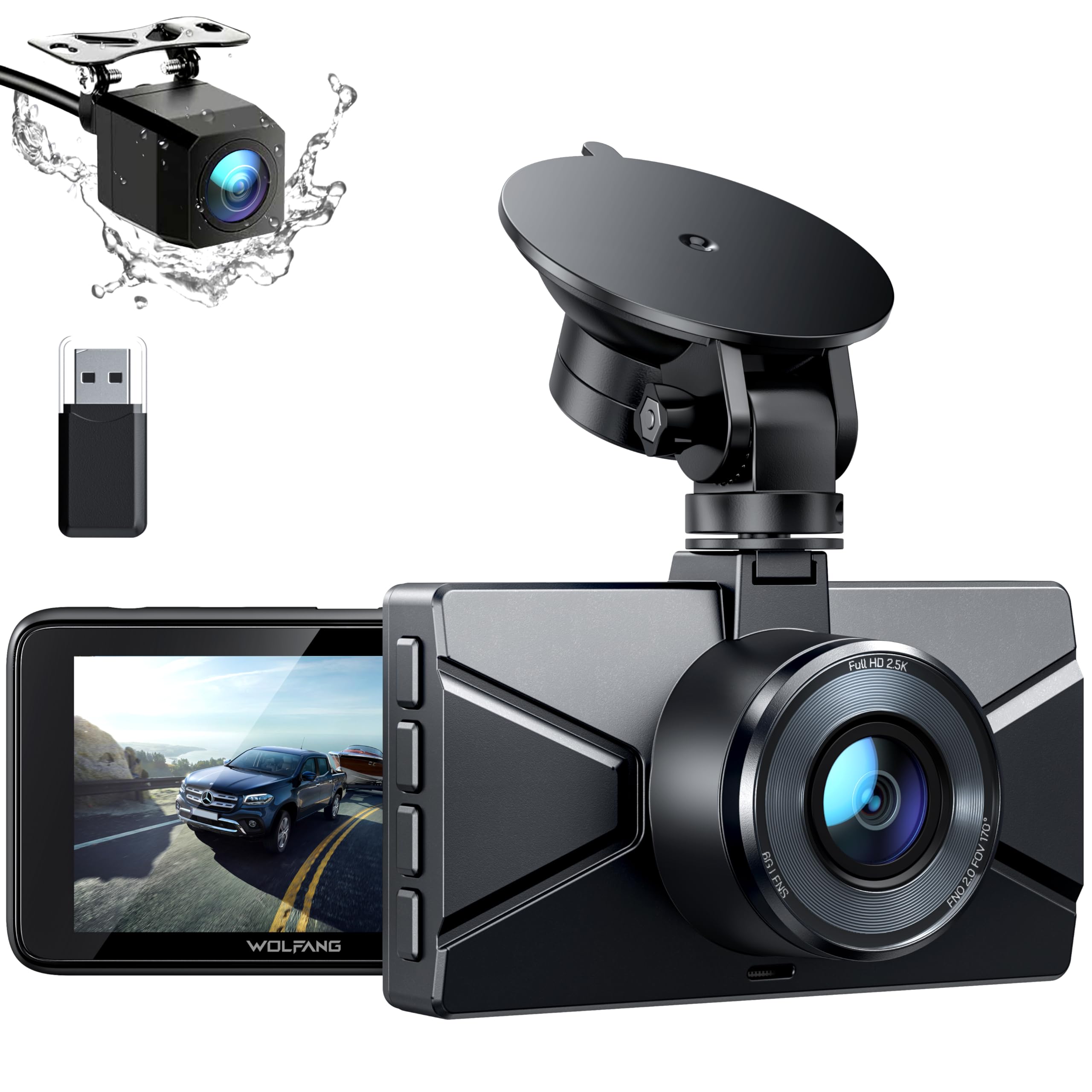 WOLFANG Dash Cam Front and Rear 2.5K, 1440P Dashcam for Cars with 3.0" LCD Display, Super Night Vision, Loop Recording, G-Sensor, 170 Wide Angle WDR, 24H Parking Guard