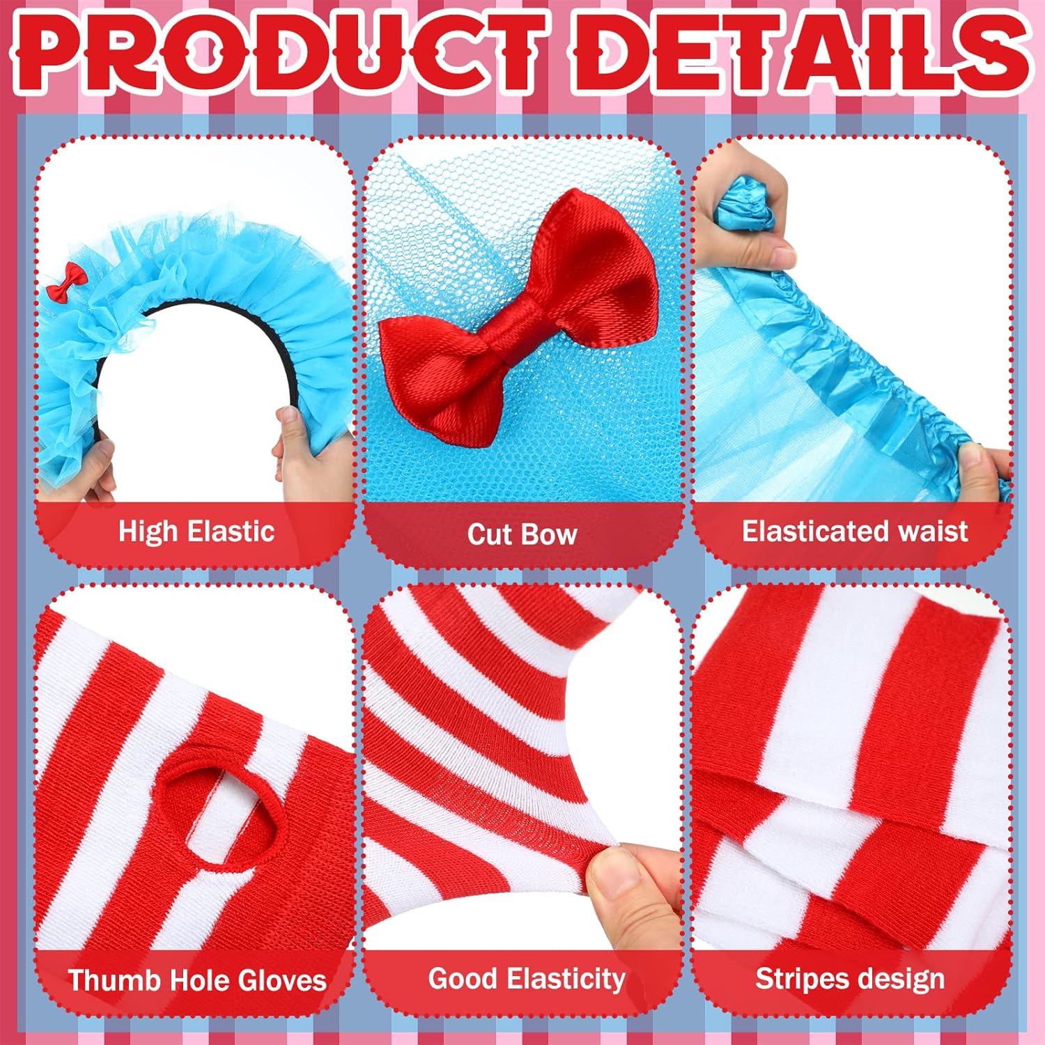 8 Pcs Women Blue Tulle Tutu Costume Set Include Red White Striped Socks Tulle Headbands Arm Warmers for Cosplay - Image 5