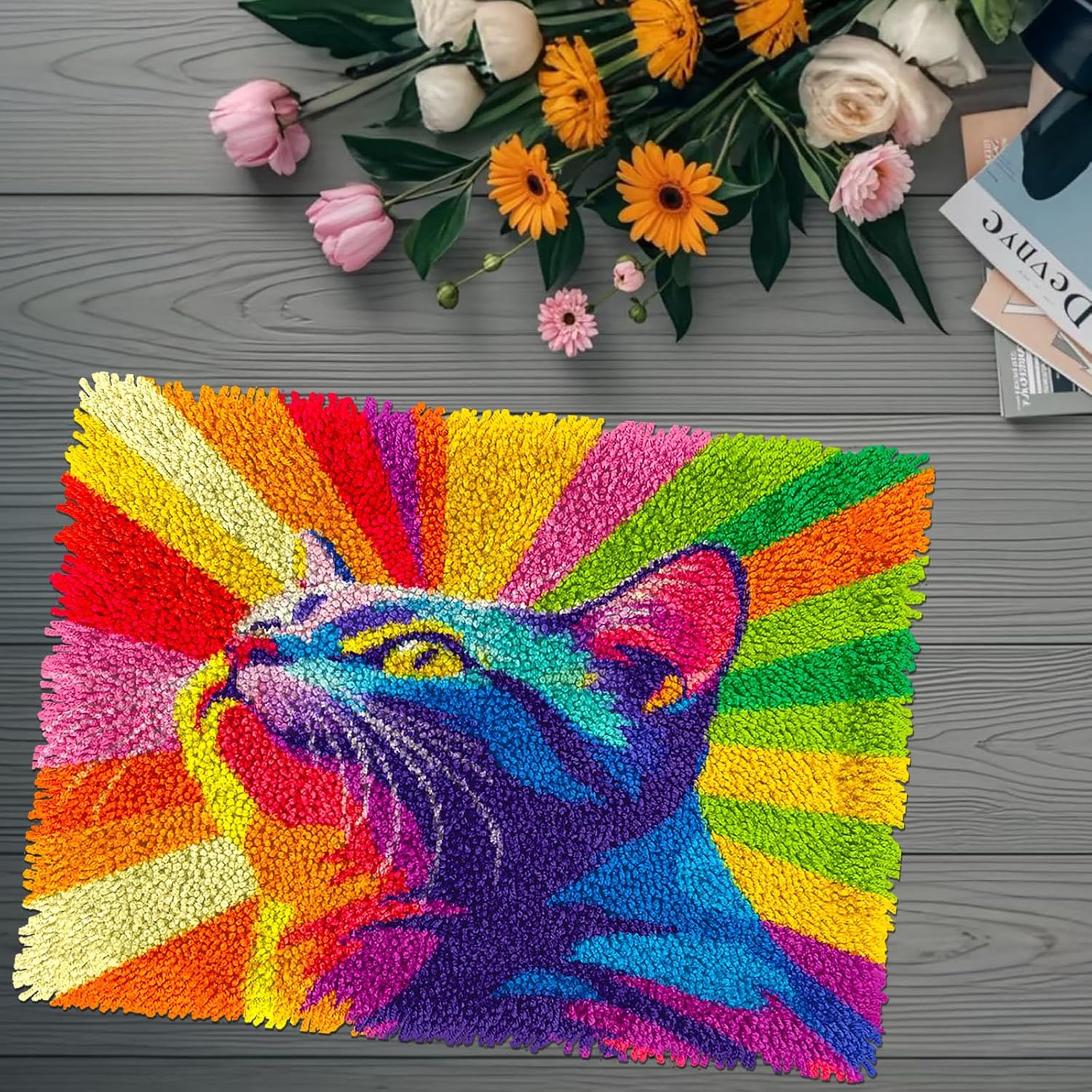 DIY Rug Latch Hook Kits Rainbow Cat Stamped Non-Slip Mat Crochet Yarn Hook and Latch Emboridery Tapestry for Home Floor Decoration Pet Warm Cushion 52x38cm(12)