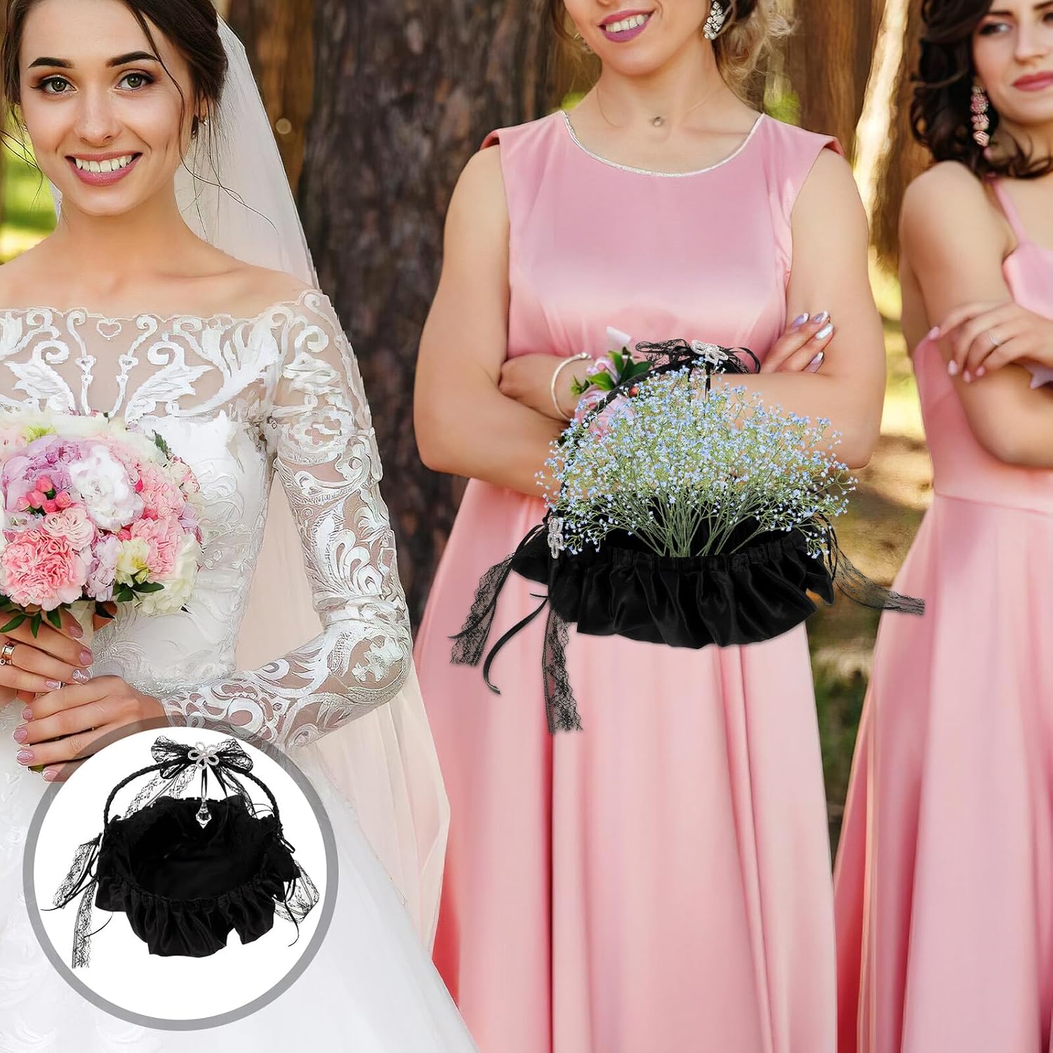 Wedding Flower Girl Basket with Black Lace Trim Handheld Floral Petal Storage Basket for Ceremony for Weddings and Party Supplies