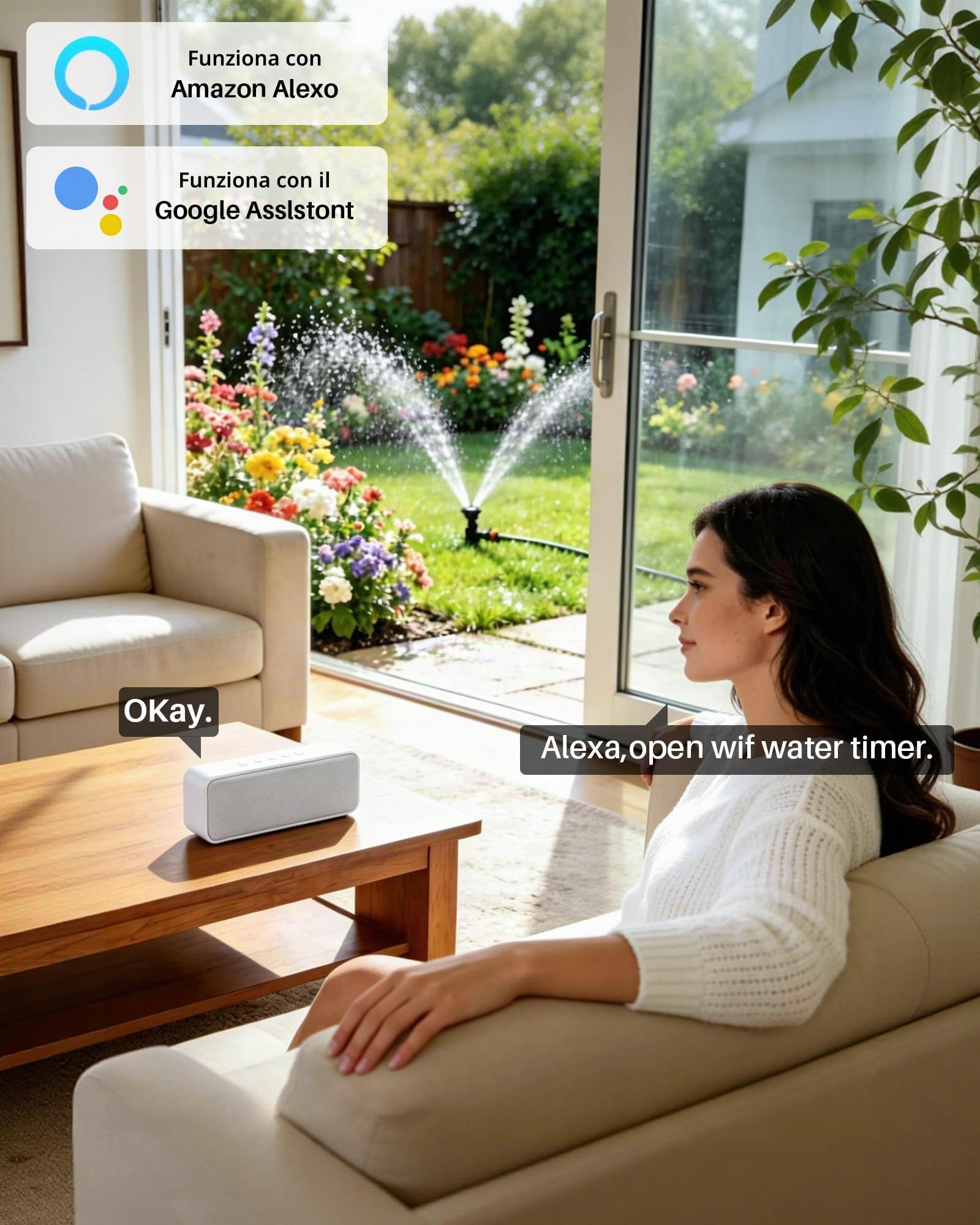 Computer per irrigazione WiFi con 2 uscite, timer intelligente per l'irrigazione (portata RF 300 m), controllo tramite app/vocale, ritardo pioggia, irrigazione automatica per prato, giardino e balcone