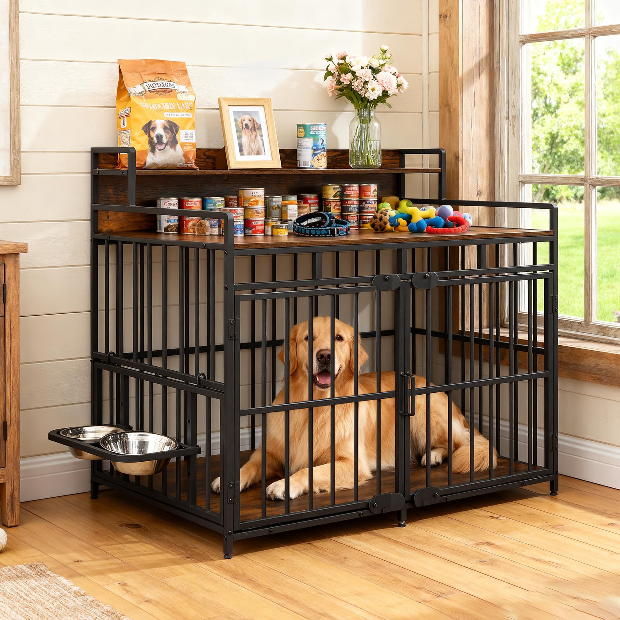 FEONASE Large Dog Crate with Storage, Dog Crate Furniture with 360ยฐ & Adjustable Raised Feeder, Heavy Duty Dog Cage large Steel & Waterproof, Brown