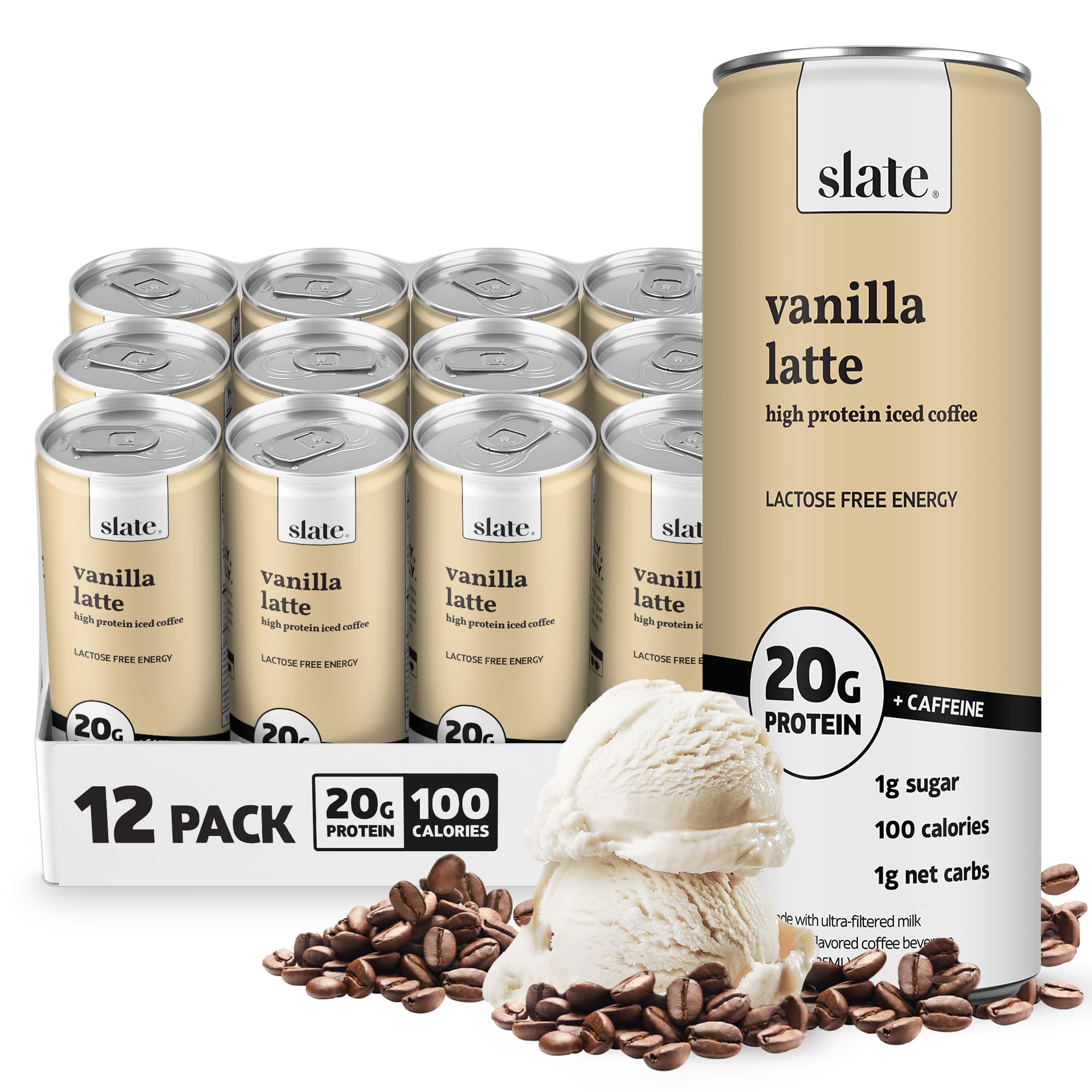 Slate Milk - High Protein Iced Coffee - Vanilla Latte - 175mg Caffeine, Lactose Free Energy - 20g Protein, 1g Sugar, 100 Calories, 1g Net Carbs, No Sugar Added - Protein Coffee - 11 fl oz, 12 Cans