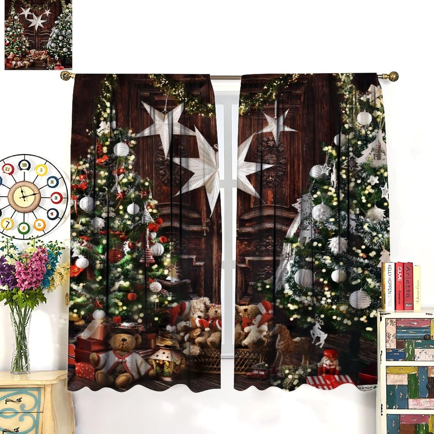 Funnytree Christmas Wooden Barn Curtain Rustic Xmas Pine Tree Festival Holiday Print Blackout Window Drapes for Bedroom Living Room Kitchen Cafe Decor （W21xL45 Inch） x2 Panels