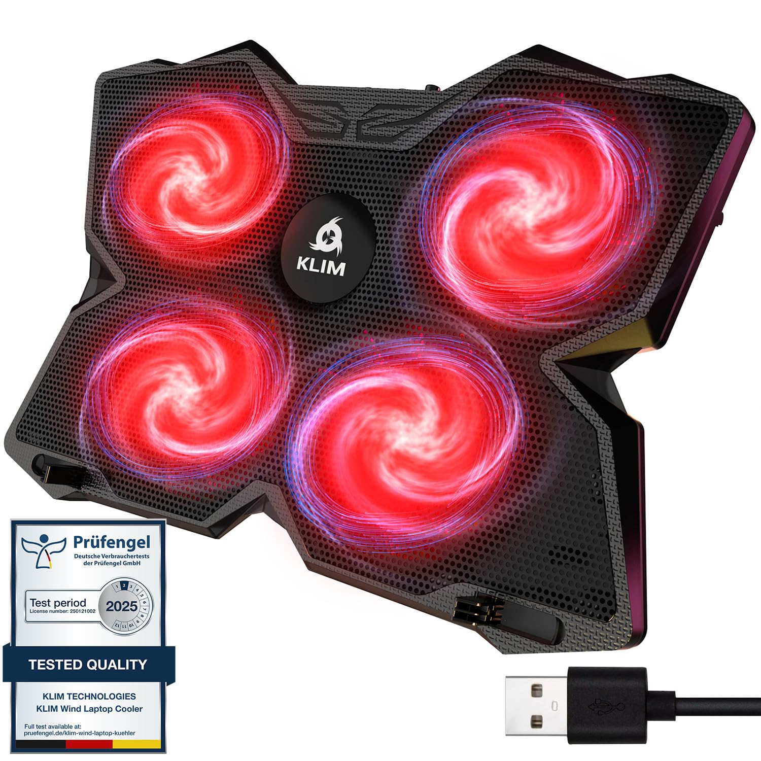 KLIM Wind - Laptop Cooling Pad - The Most Powerful Rapid Action Cooling Fan - Laptop Stand with 4 Cooling Fans at 1200 RPM - USB Fan - Black red