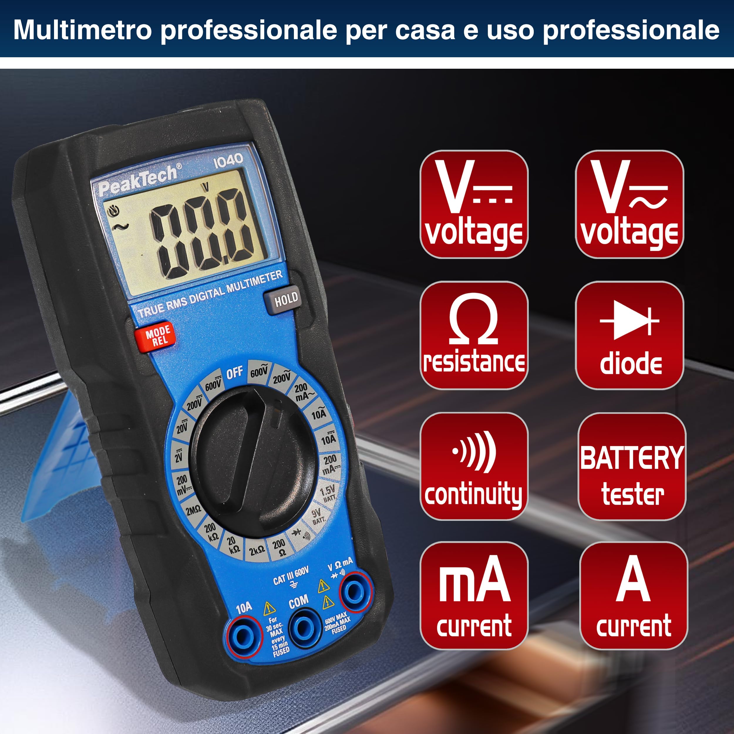 PeakTech P 1040 - Multimetro Digitale Compatto TRMS 2.000 Conti, Tester per Tensione, Corrente, Resistenza, Capacità e Continuità, 600V - CAT III, Nero