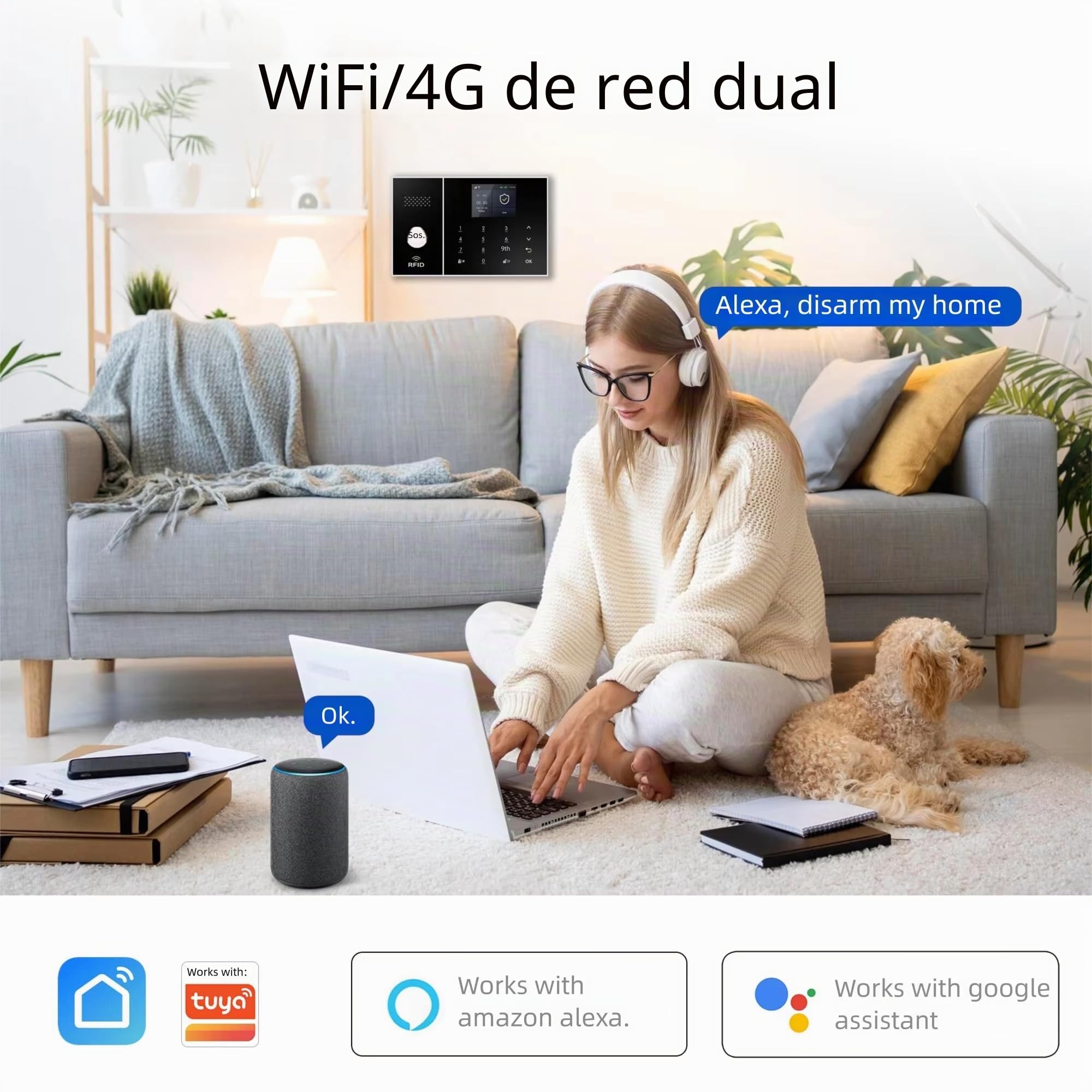 XUK Sistema de Alarma Inalámbrico 4G/GSM/WiFi para Casa/Apartamento, Seguridad Inteligente con Sensores de Puerta/Ventana y Detector Movimiento PIR, Compatible con Alexa/Google Home, Fácil Instalación