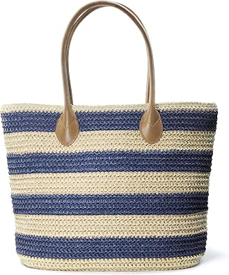 Striped Synthetic Straw Womens Tote Light Weight Vaction Shoulder Handbag