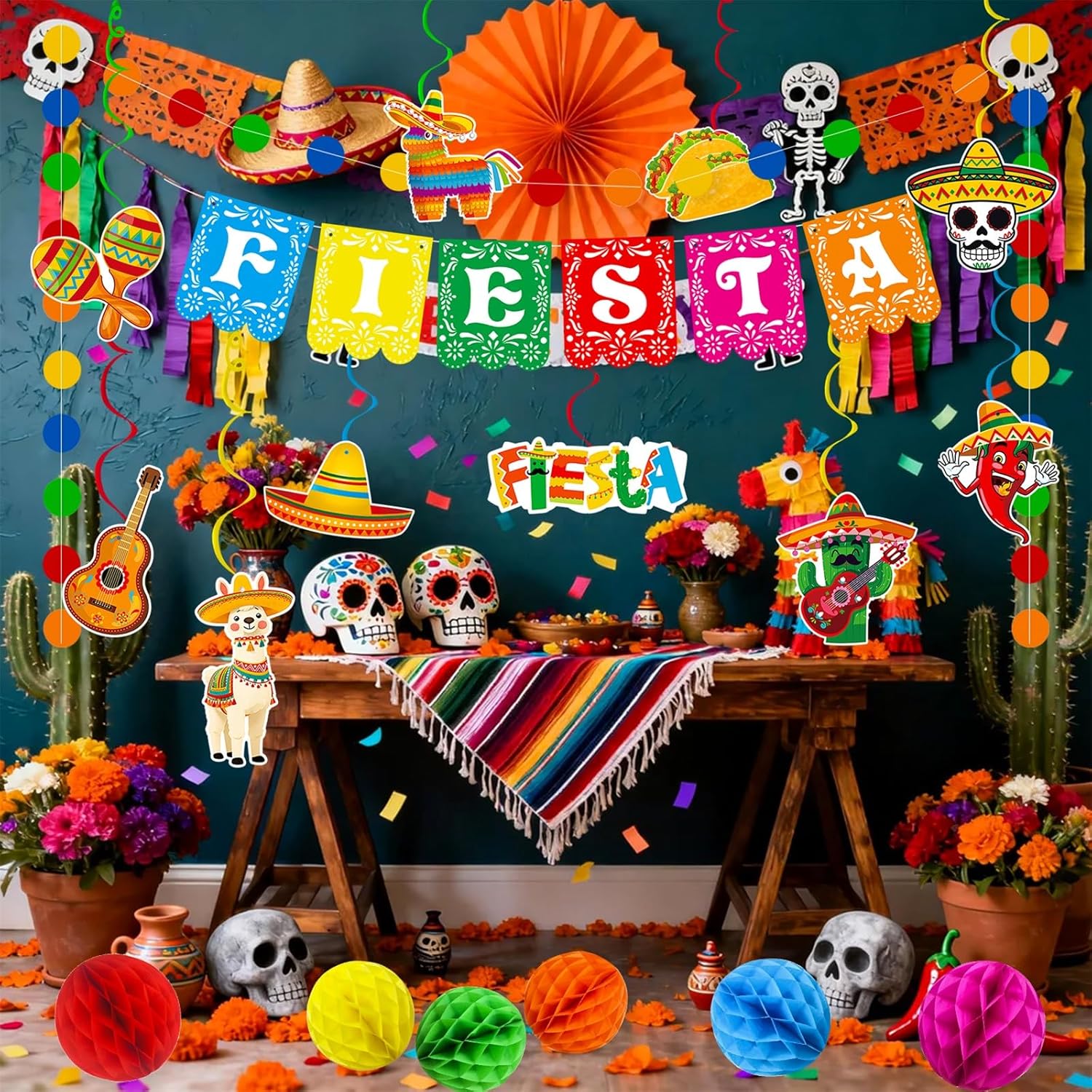 Fiesta Party Decorations Mexican Fiesta Banner Garland Hanging Swirls Honeycomb Balls Set for Cinco De Mayo Taco Mexican Theme Birthday Party Decor