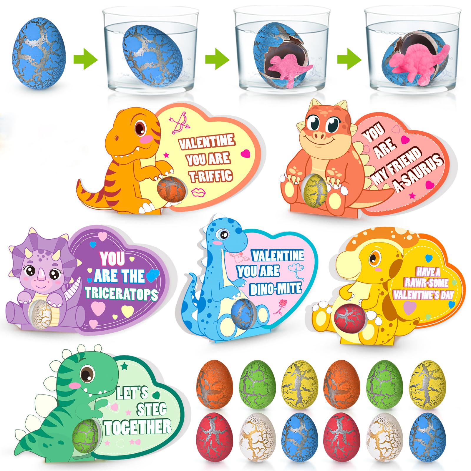 30 Pack Valentine's Day Cards for Kids Classroom, 30 Dinosaur Hatching ...