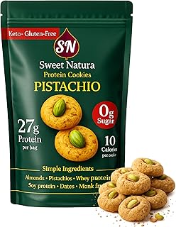 Vanilla Protein Cookies, 27g Protein Per Bag, 23 Mini Cookies – 10 Calories Each – Keto, Gluten-Free, No Added Sugar, Organic, High-Protein Snack – Made with Almonds, Whey, Dates & Monkfruit (Pistachio)