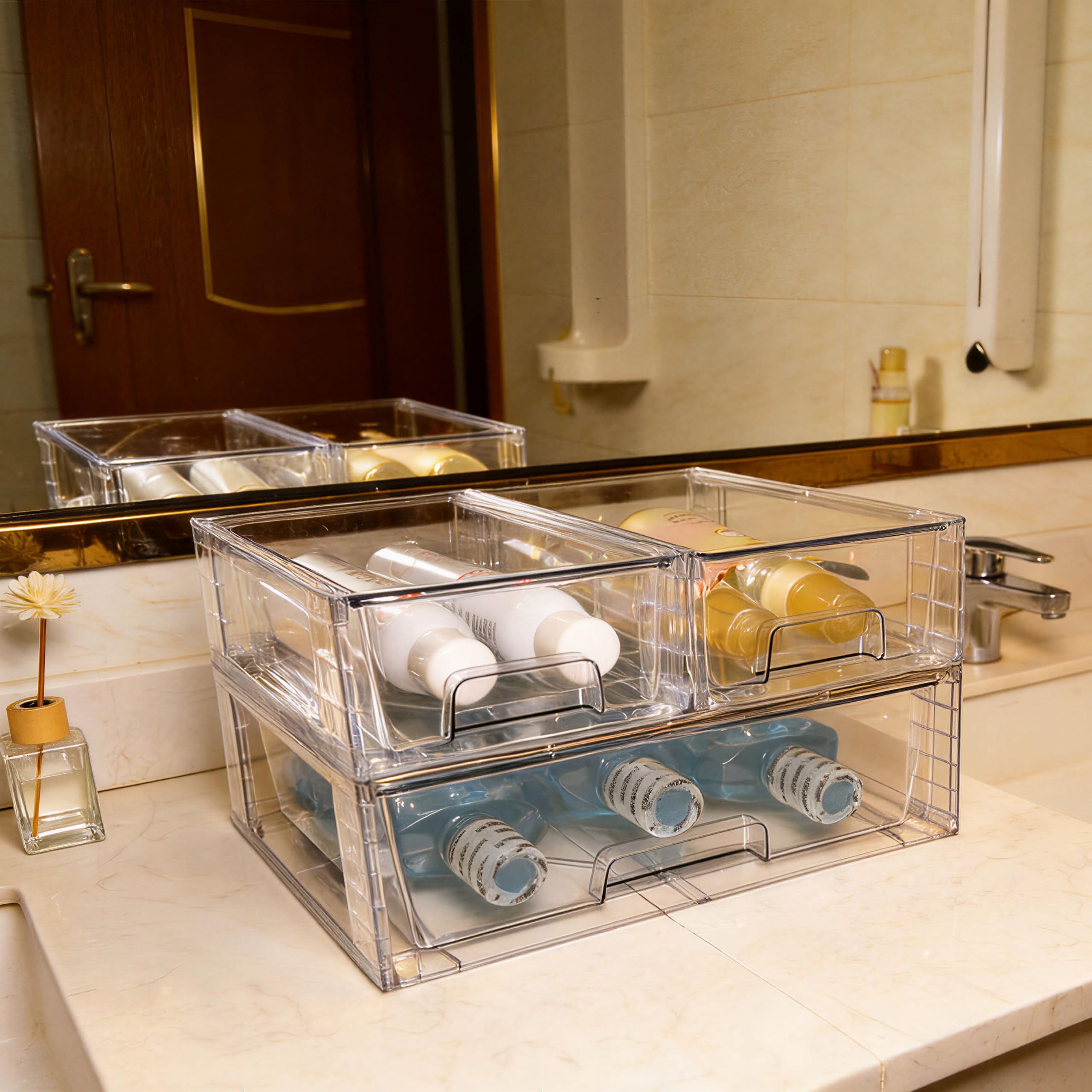 Lot de 2 Tiroirs de Rangement Empilables Transparent Petit Modèle, Organisateurs Acrylique avec Poignées, pour Réfrigérateur, Salle de Bain, Cuisine, Placard, Rangement Garde-Manger