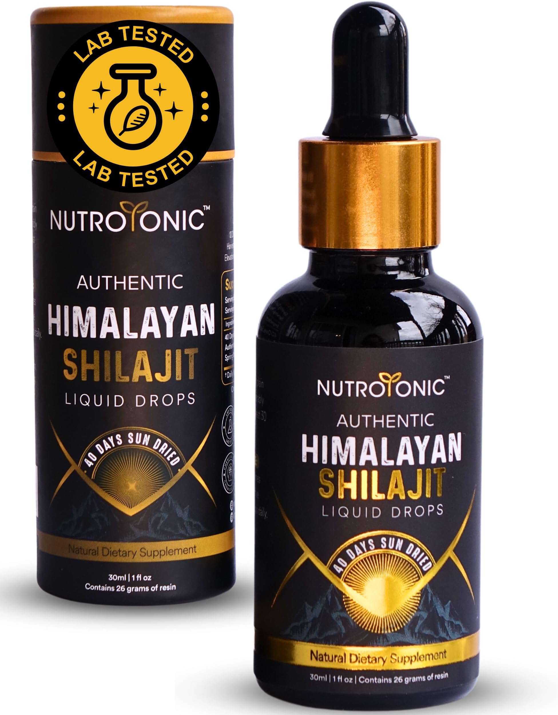 NutroTonicยฎ Authentic Himalayan Shilajit Liquid Drops - Shilajit for Men & Women - 60 Days Sun-Dried โ Rare Gold Grade A+ โ Natural Source of 86% Fulvic & 10% Humic Acid (30ml) (Pack of 1)