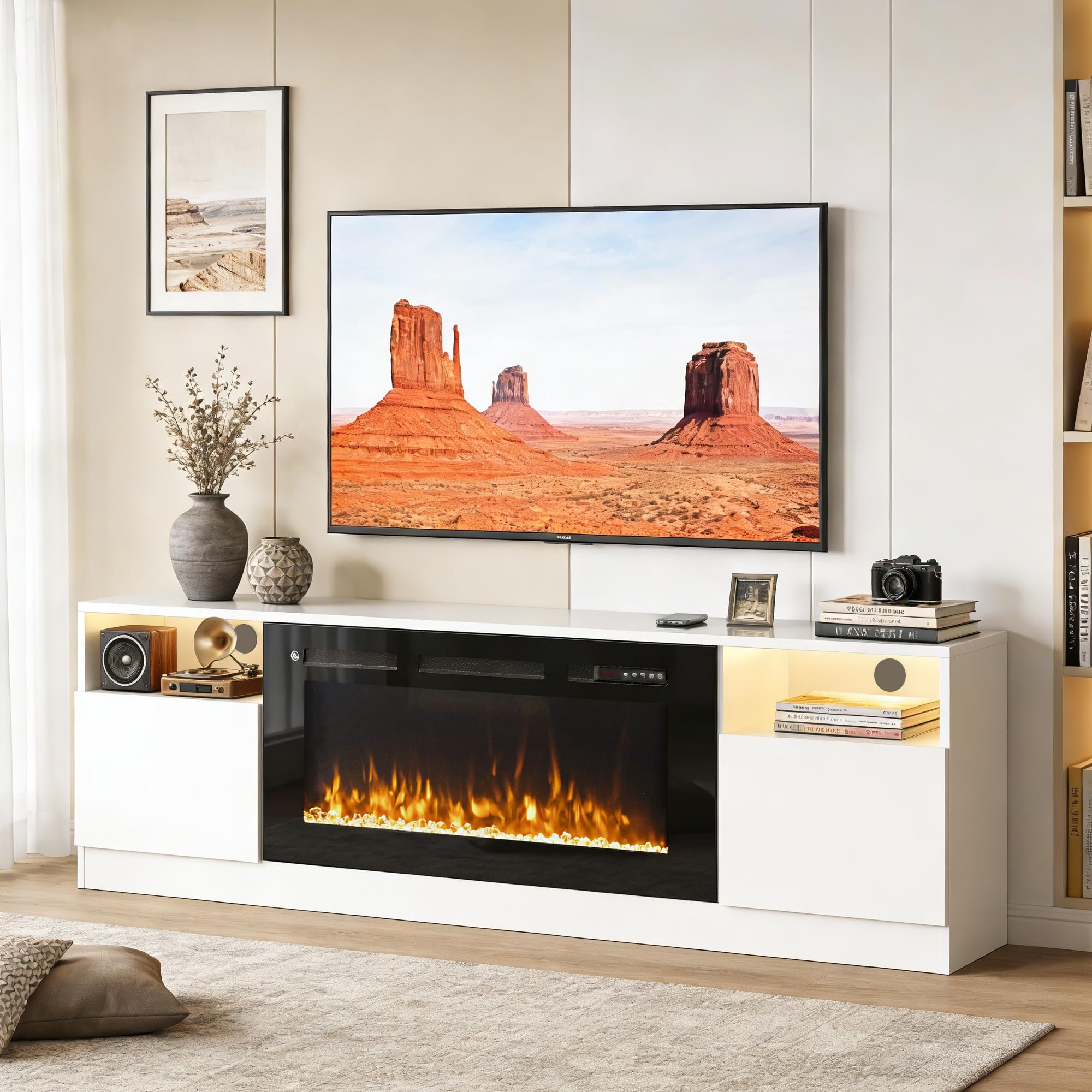 Photo 1 of ***PARTIAL SET **OneBlis 70" Fireplace TV Stand, LED Light Entertainment Center for TVs Up to 80", High-Gloss Door, Modern TV Console for Living Room with Storage Cabinet, White+Black