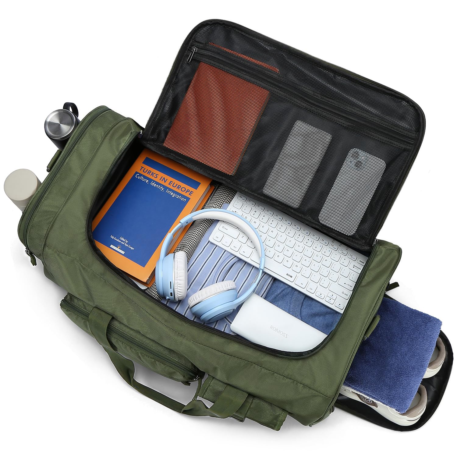 Mochila Deportiva para Hombre Mujer 70L Grande Pesada Mochilas de Viaje con Compartimento para Zapatos, verde, 61 x 34.3 x 33 cm