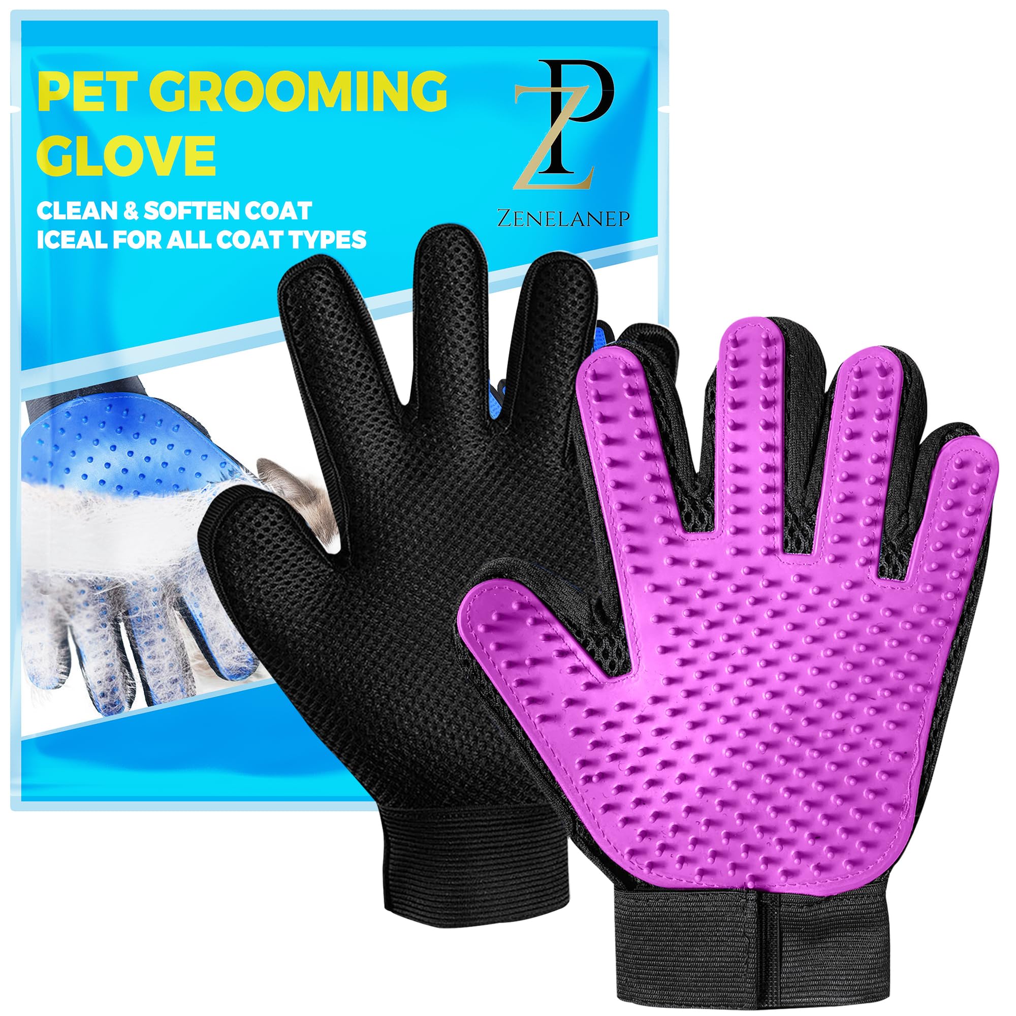 ZENELANEP Upgrade Pet Grooming Gloves, Grooming Gloves for Dogs, Cats, Rabbits & Horses with Long and Short Hair, Efficient Pets Hair Remover Mittens - 1 Pair (Purple)