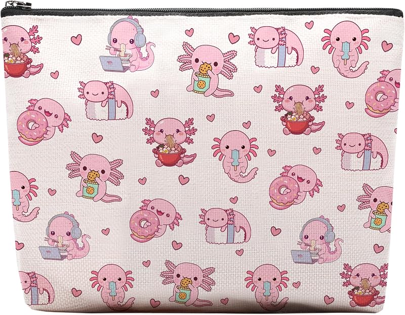 Necessaire de maquiagem RTTLALUO com estampa de axolote e zíper