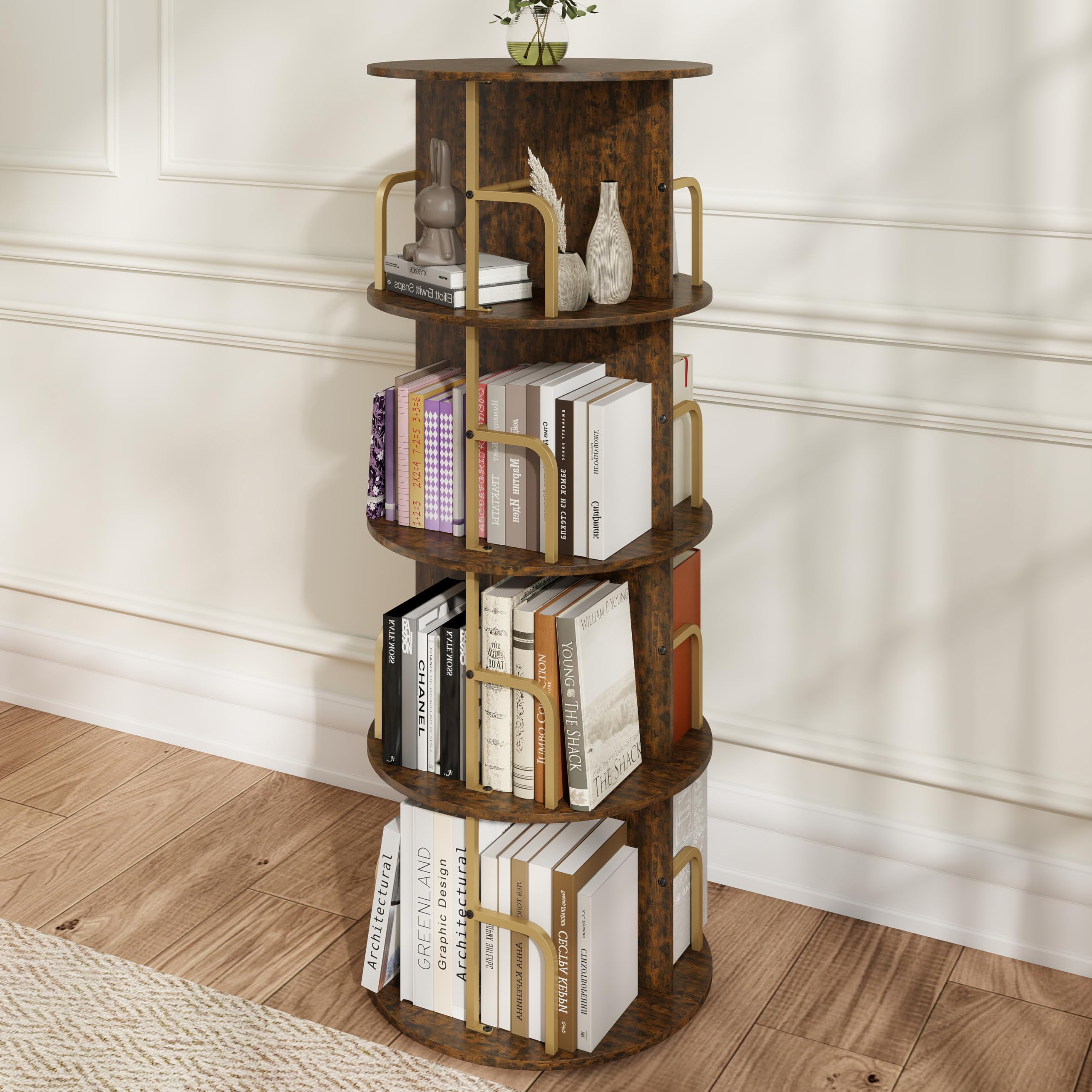 Manora 4-Tier Round Rotating Bookshelf，360°Revolving Bookcase E1-Grade Wood and Gold Metal,Free Standing Kids Spinning Bookshelf for Bedroom Corner, Living Room, Small Spaces,Office,Rustic Brown
