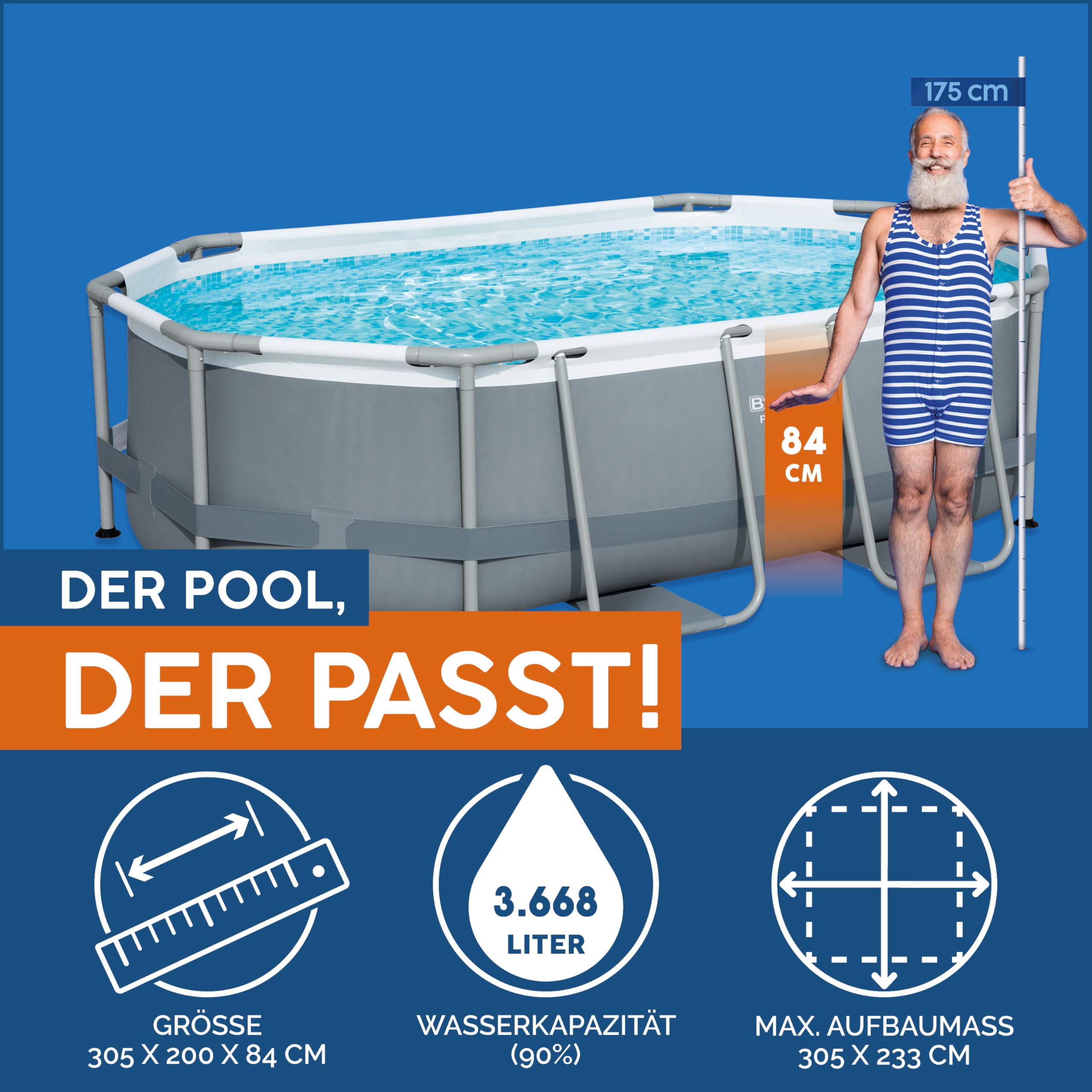 Bestway Power Steel Frame Pool Set oval 305 x 200 x 84 cm mit Filterpumpe grau
