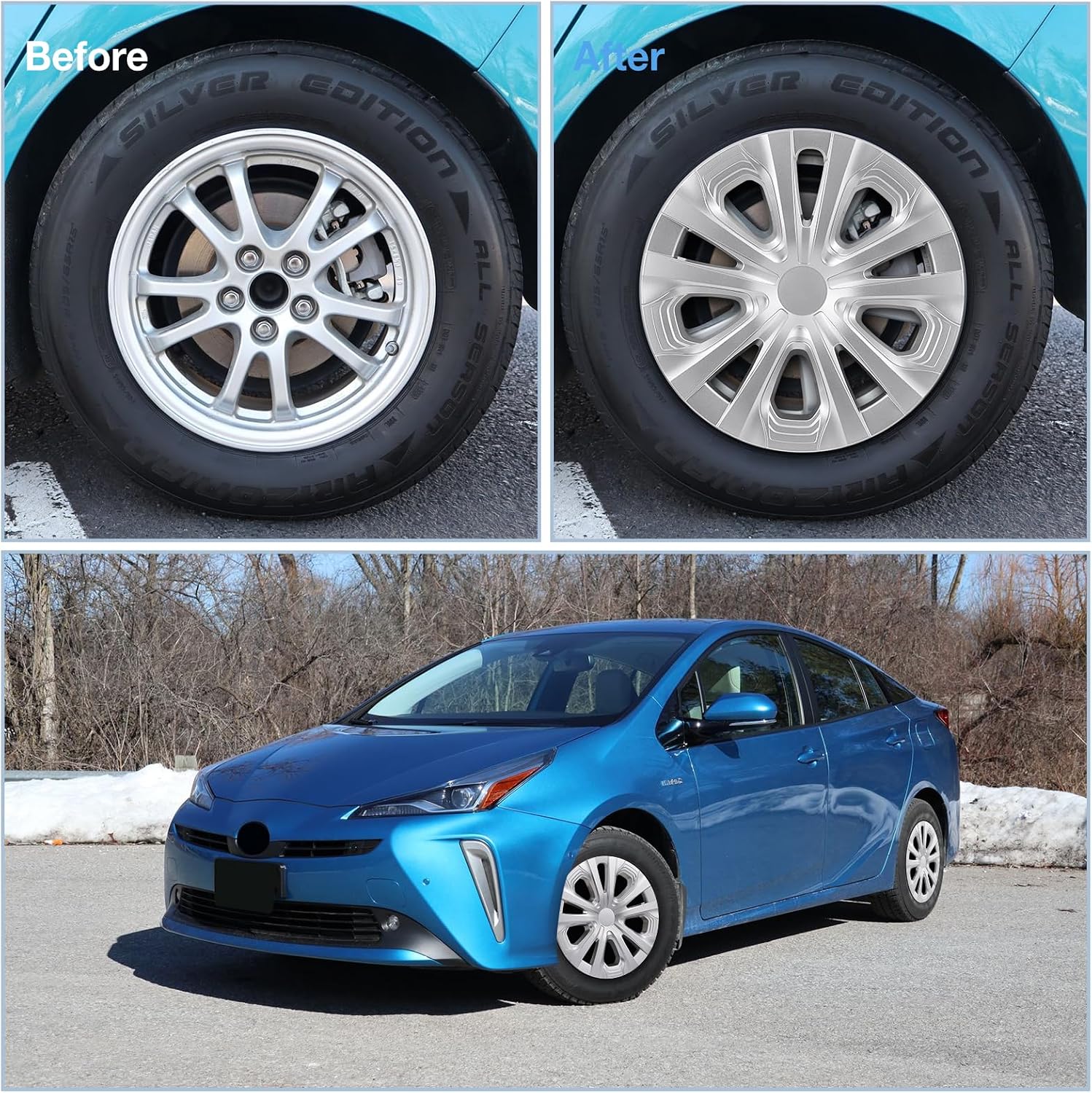 Set of 4 15inch Hubcaps Wheel Covers for 2016-2022 Toyota Prius & 17-22 Prius Prime & 2020-2024 Corolla Hybrid, ABS+PC Plastic Snap-on Hubcap Replacement 15'' Silver OEM#42611-47441