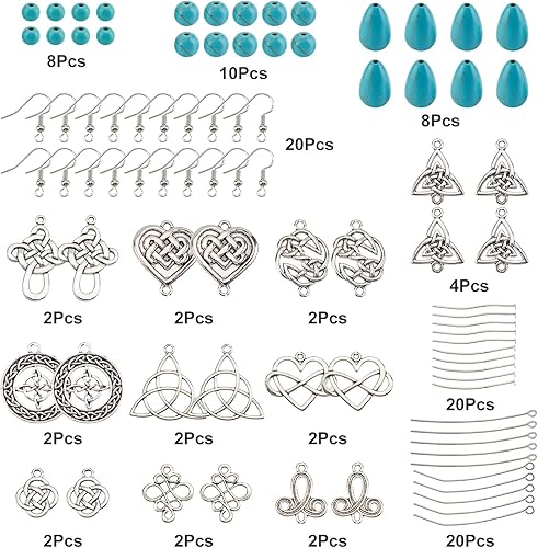 Miniatura 37 de SUNNYCLUE 1 caja de 8 pares de aretes de nudo celta de plata antigua, aretes colgantes de perlas, kit de inicio de fabricación de joyas