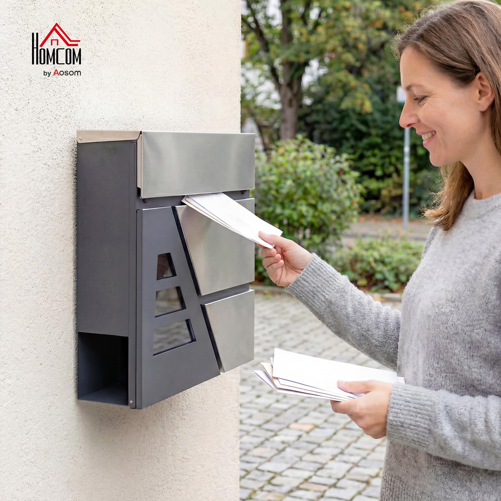 HOMCOM Buzón Exterior de Acero Inoxidable, 13 L, Buzón de Pared Correo con Cerradura y 2 Llaves, Cierre Silencioso, Tapa Antilluvia, Soporte para Periódicos, Moderno, Fácil de Instalar, Gris Oscuro