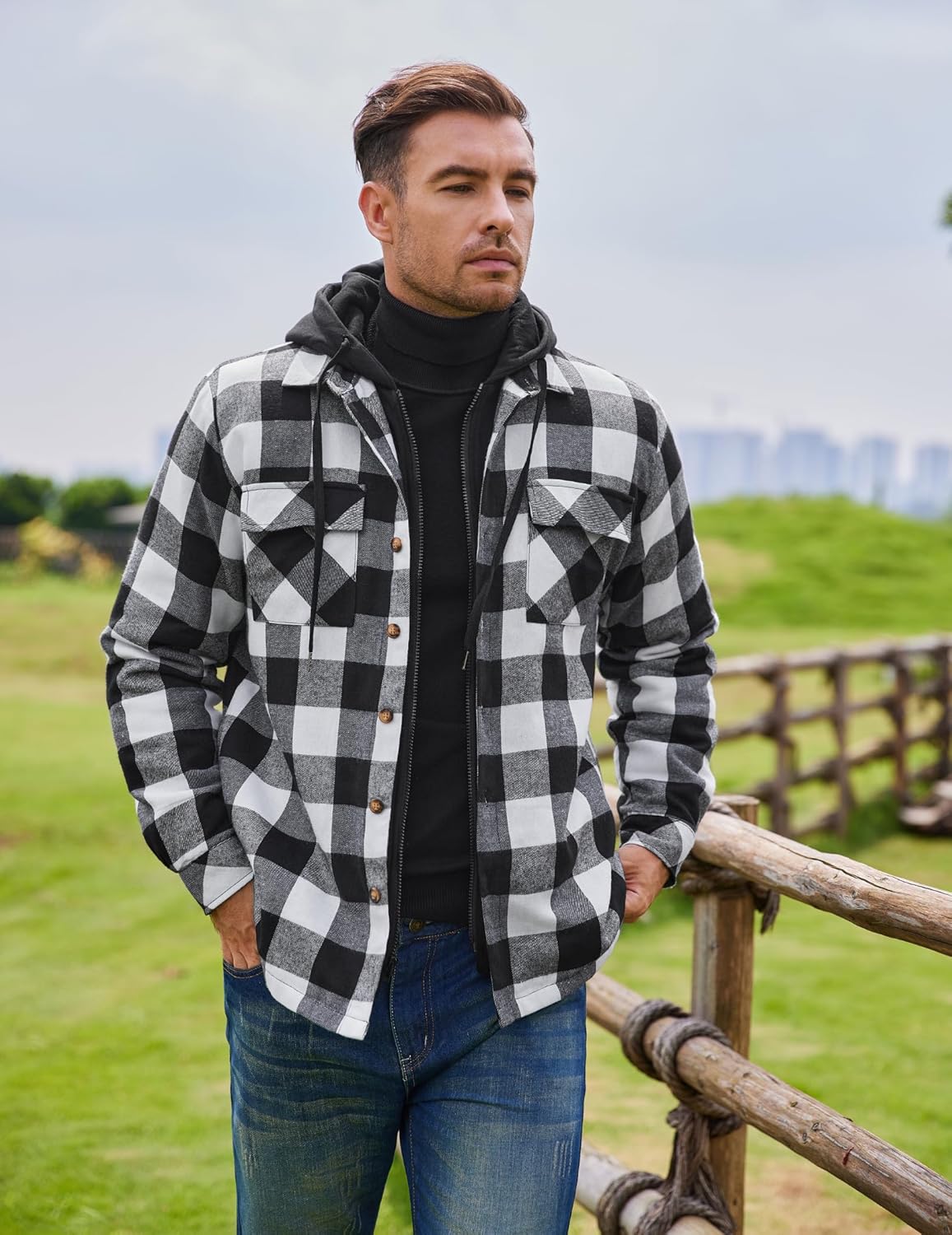COOFANDY Men's Flannel Shirt Jacket Warm Quilted Lined Hooded Long Sleeve Plaid Shirt Jackets - Image 2